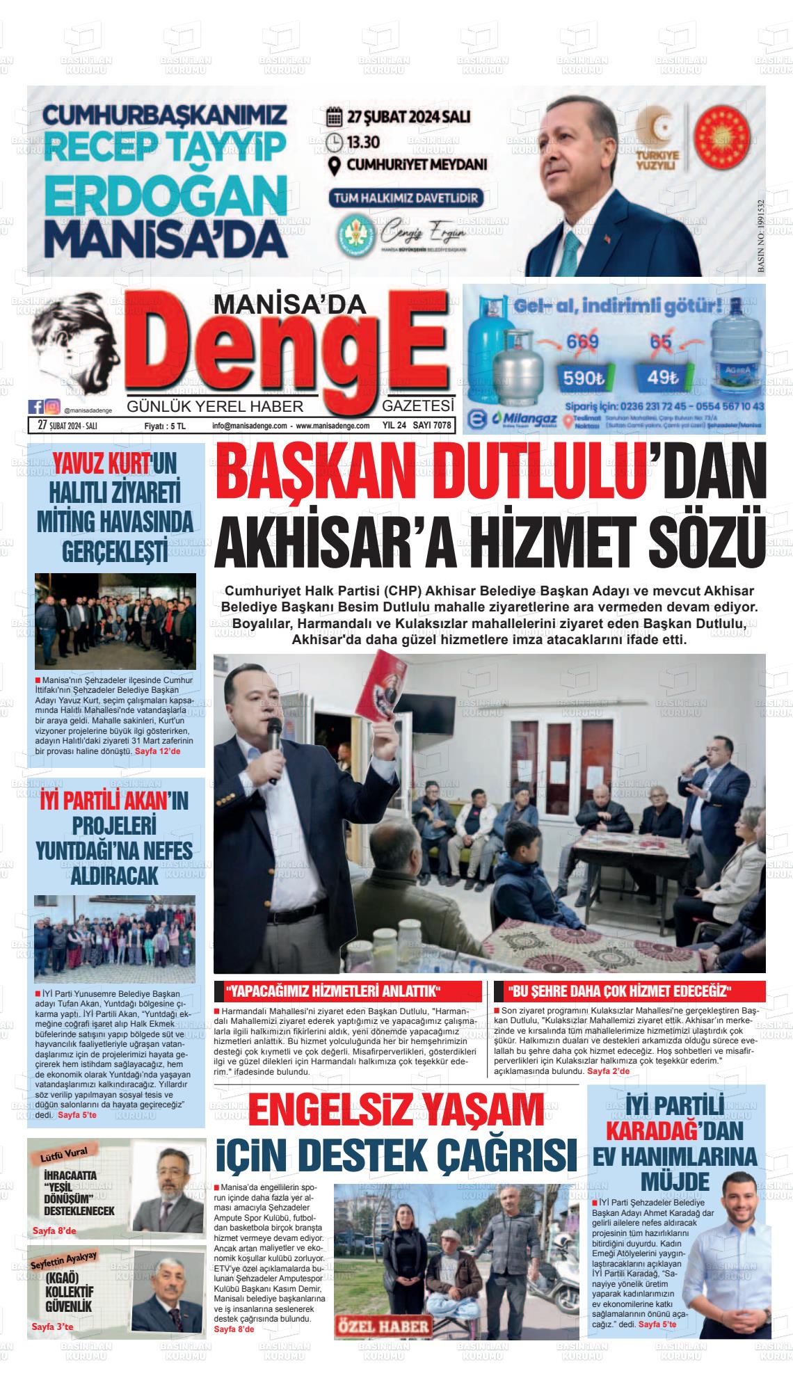 27 Şubat 2024 Manisada Denge Gazete Manşeti