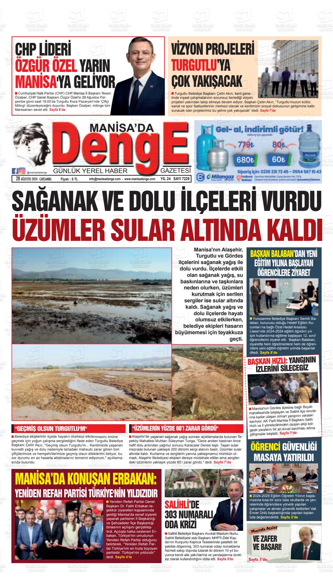 28 Ağustos 2024 Manisada Denge Gazete Manşeti