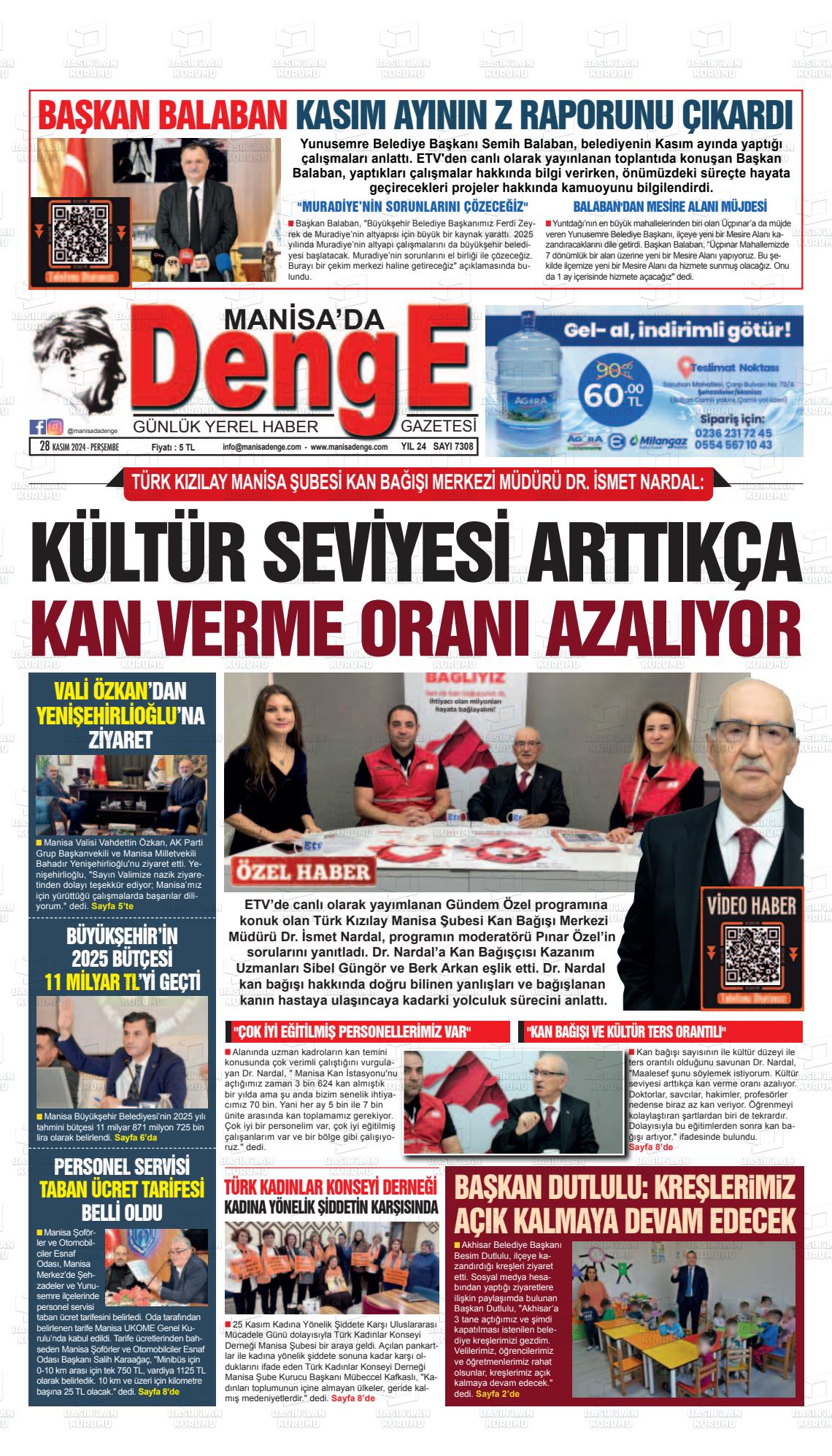 20 Aralık 2024 Manisada Denge Gazete Manşeti