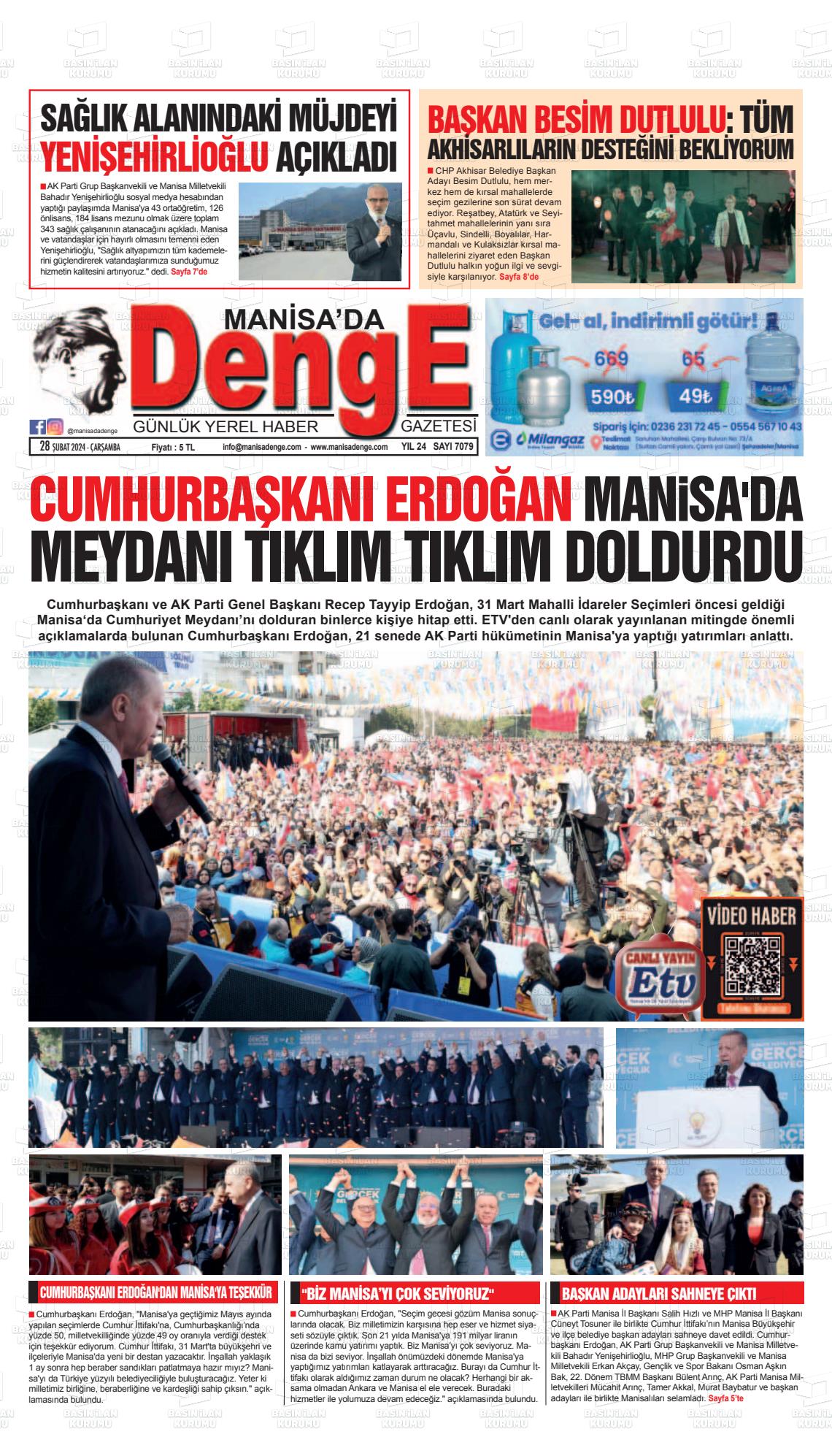 28 Şubat 2024 Manisada Denge Gazete Manşeti