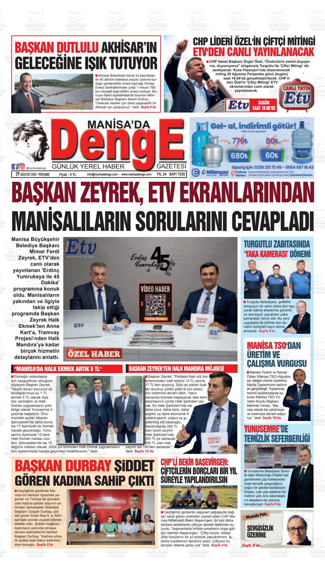 29 Ağustos 2024 Manisada Denge Gazete Manşeti