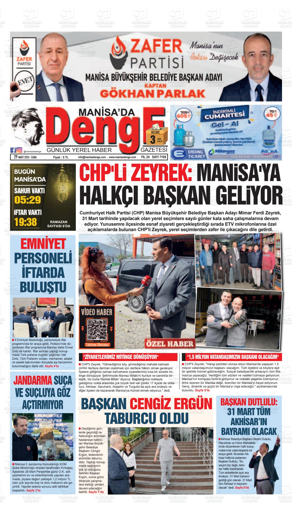 29 Mart 2024 Manisada Denge Gazete Manşeti