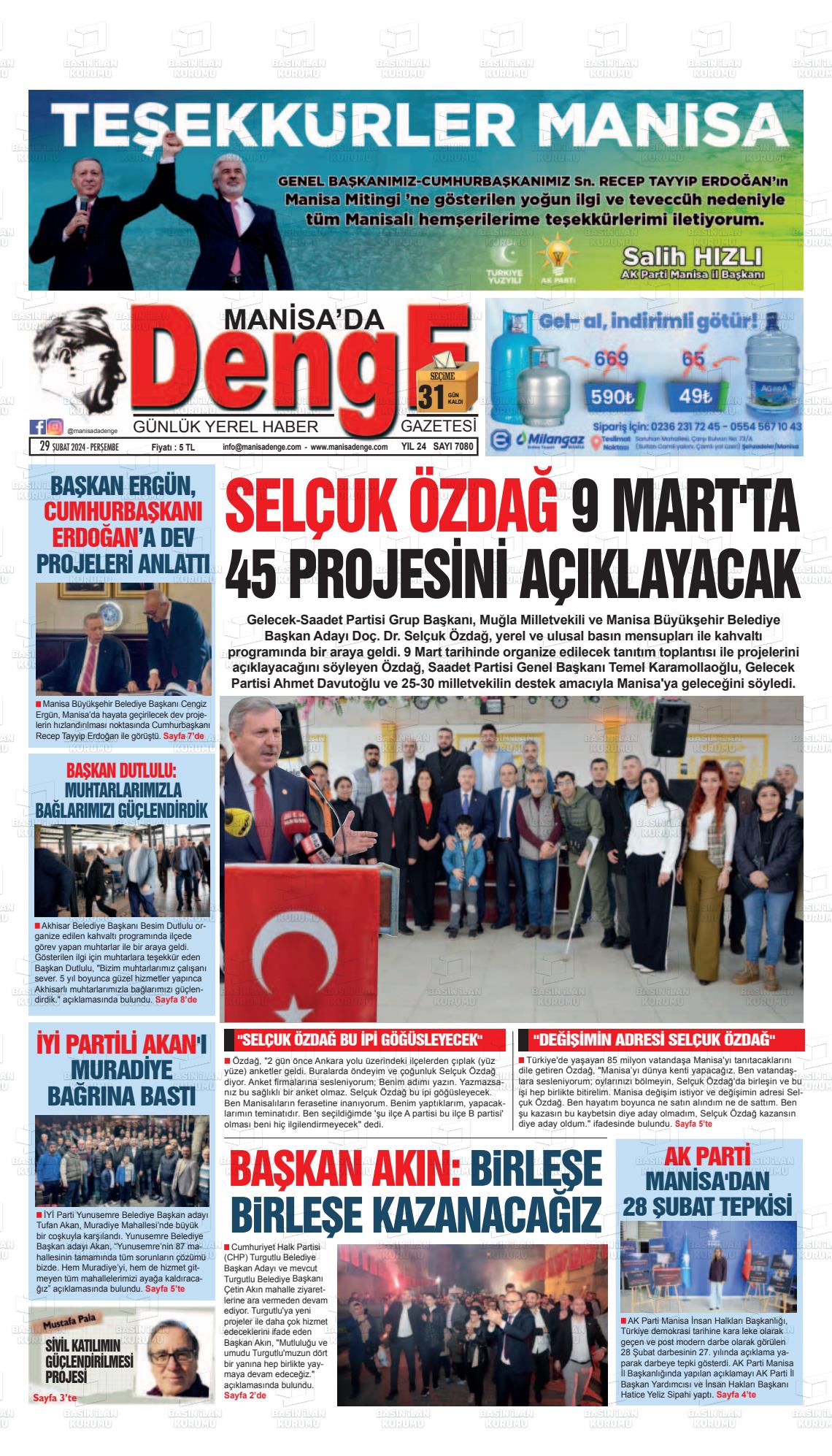 29 Şubat 2024 Manisada Denge Gazete Manşeti