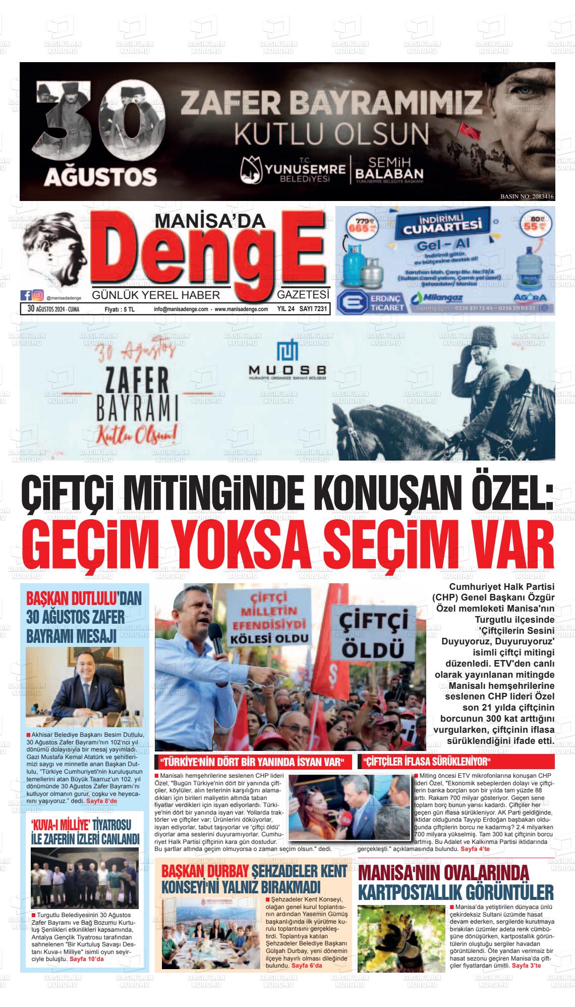 30 Ağustos 2024 Manisada Denge Gazete Manşeti