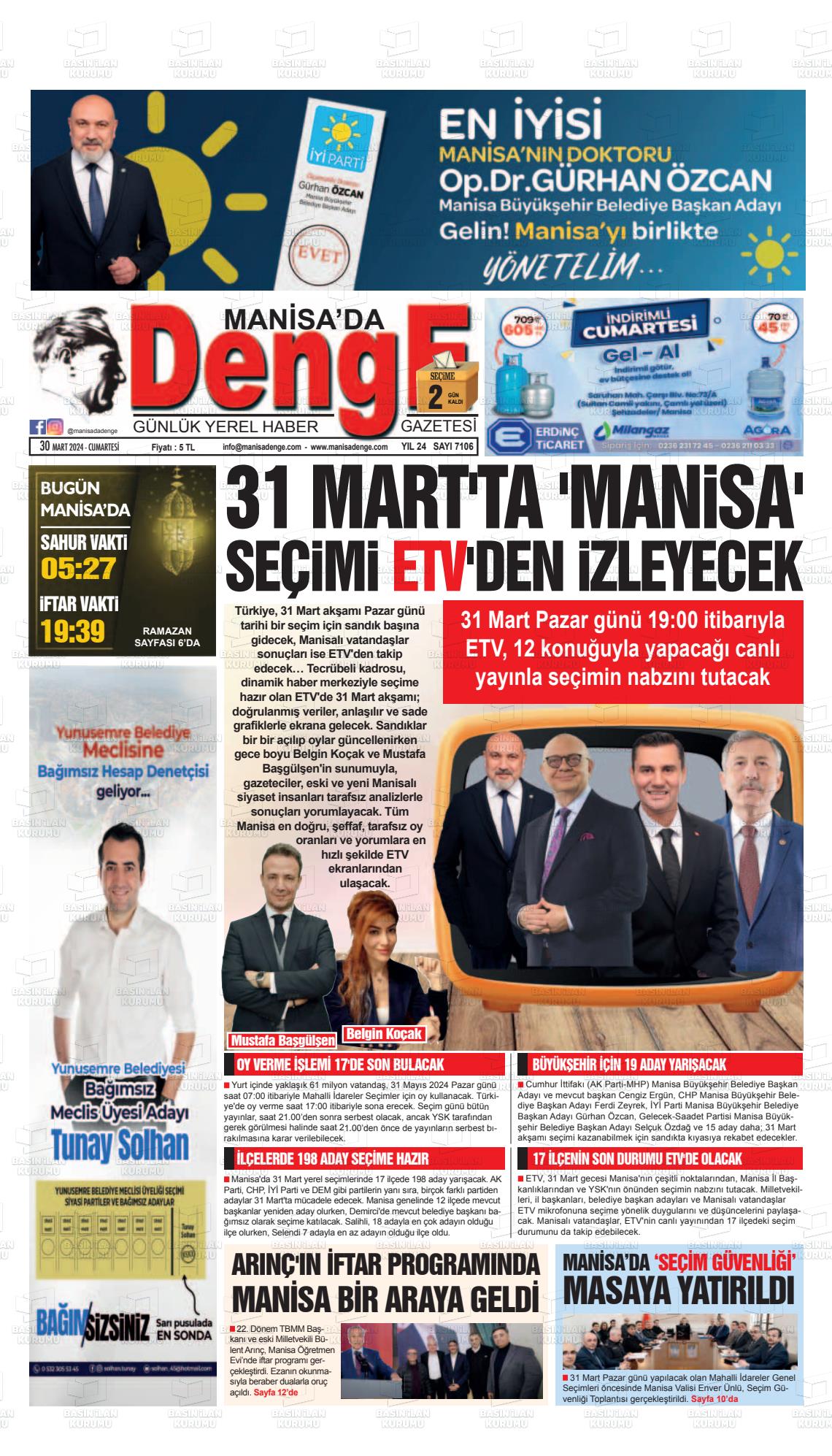 30 Mart 2024 Manisada Denge Gazete Manşeti