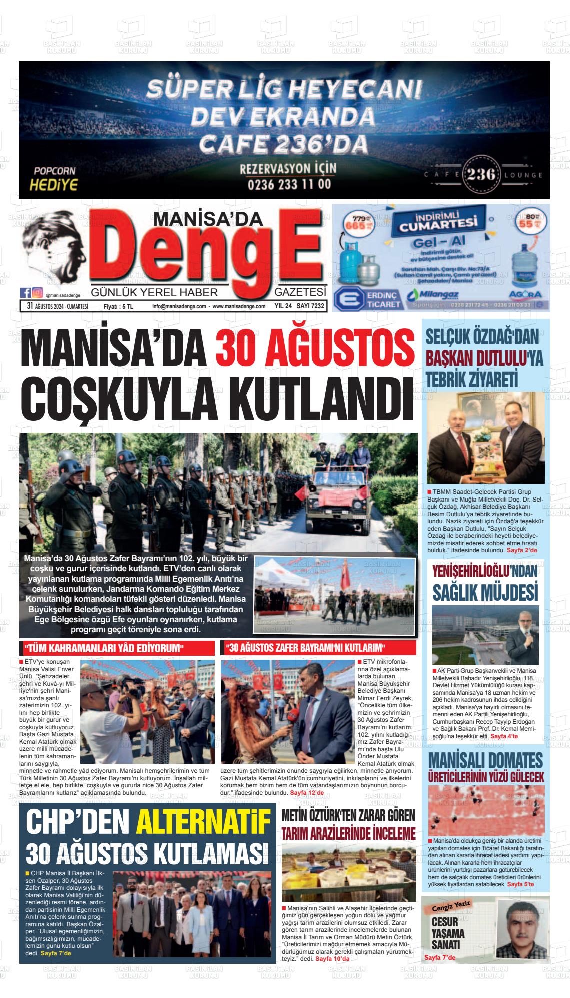 31 Ağustos 2024 Manisada Denge Gazete Manşeti