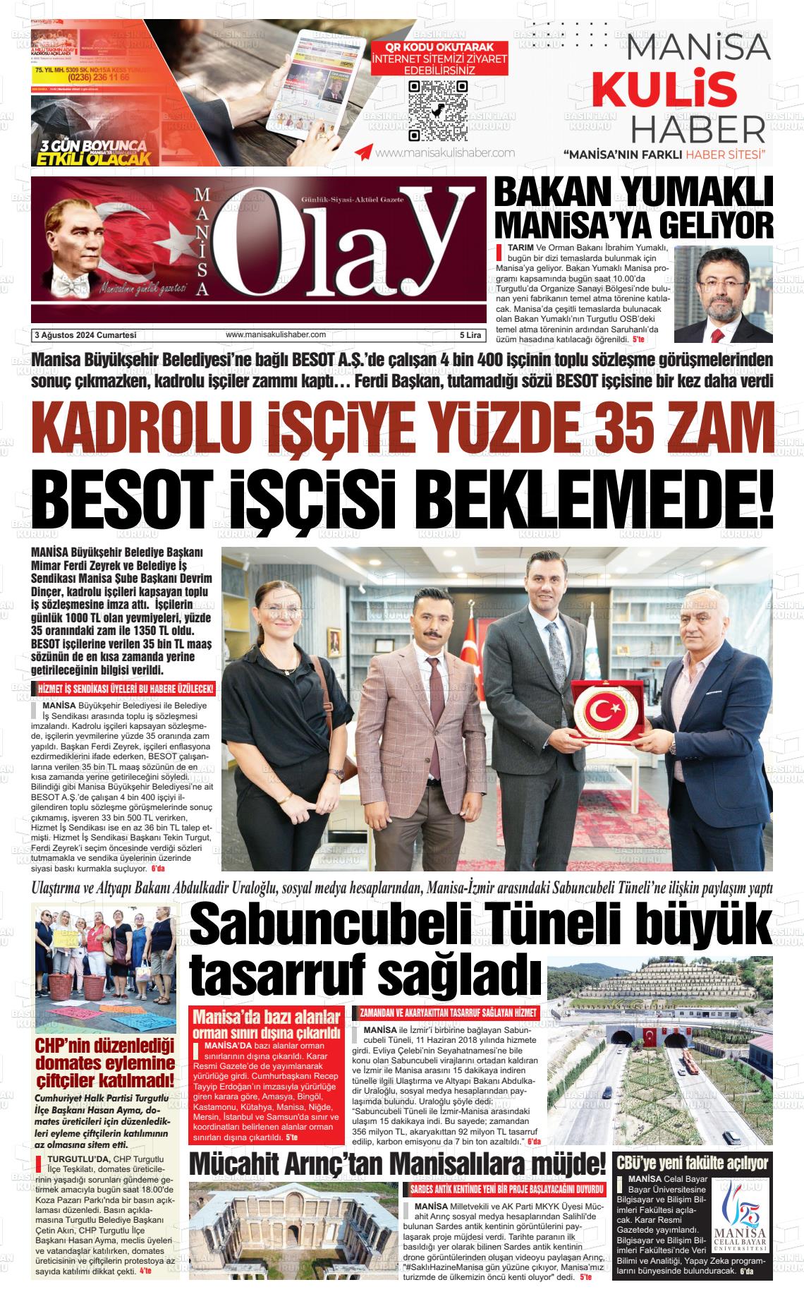 03 Ağustos 2024 Manisa Olay Gazete Manşeti