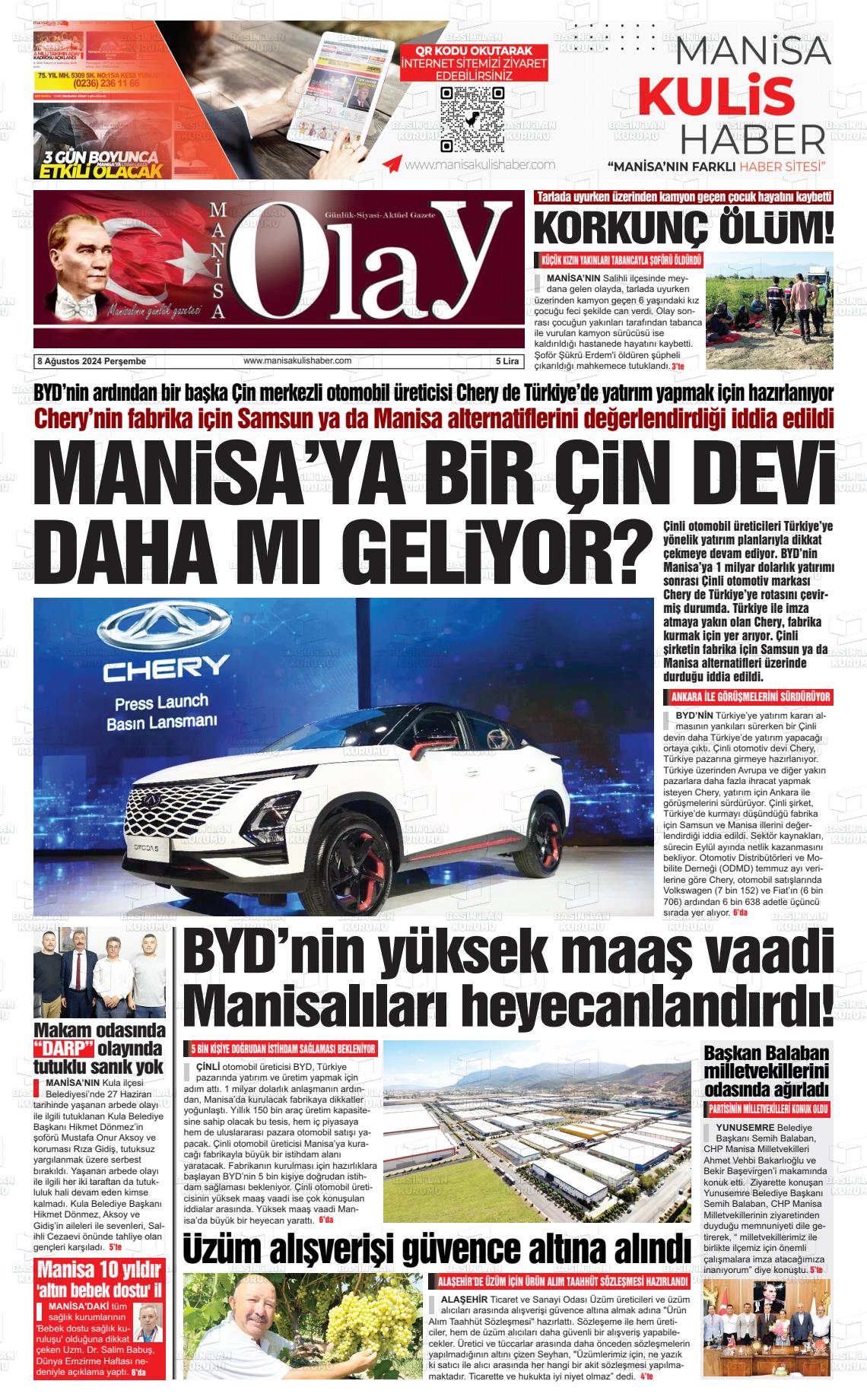 08 Ağustos 2024 Manisa Olay Gazete Manşeti