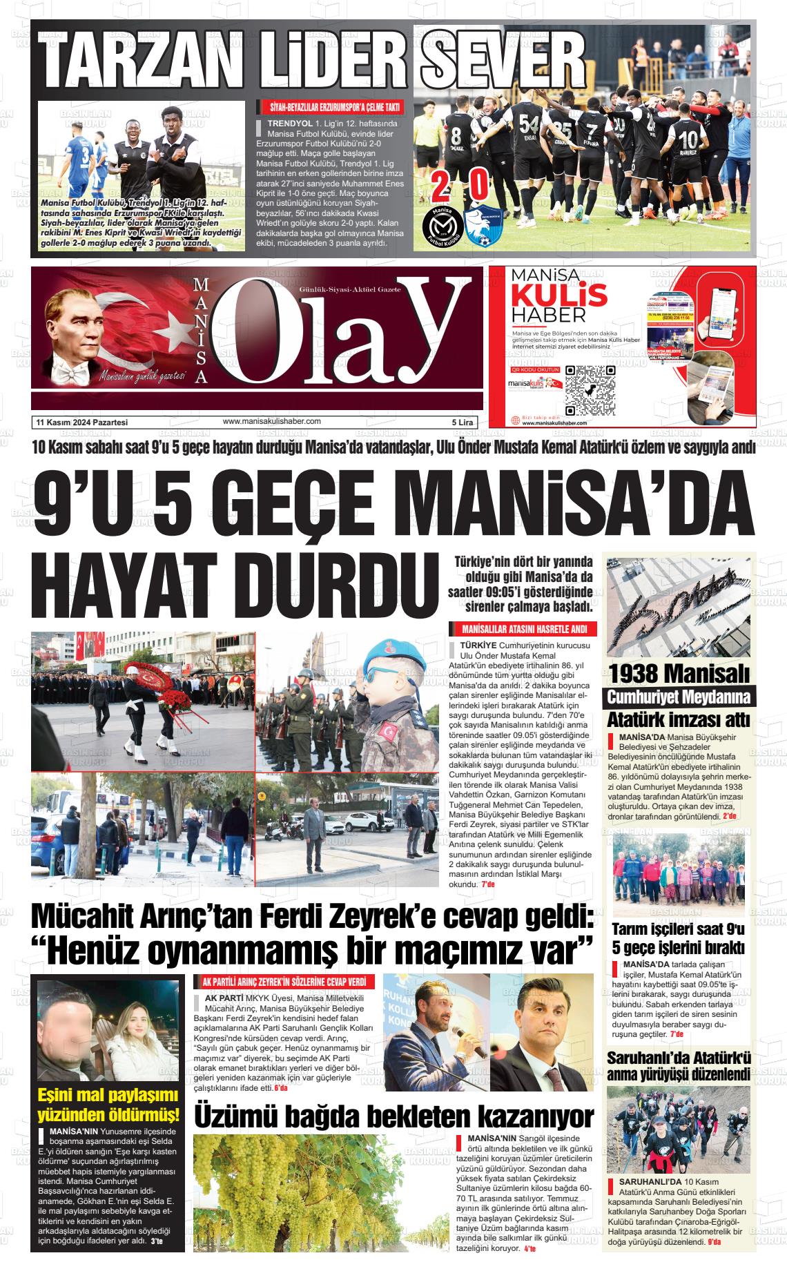 11 Kasım 2024 Manisa Olay Gazete Manşeti