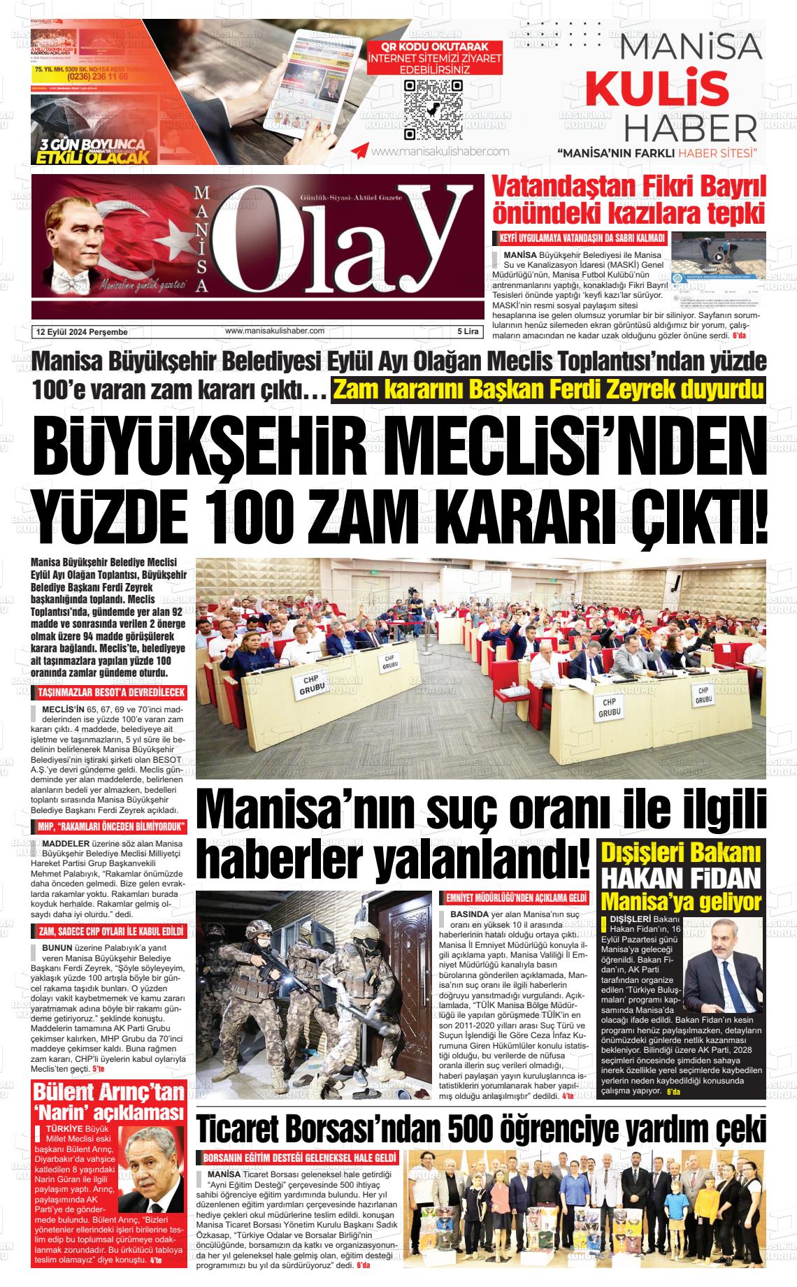 12 Eylül 2024 Manisa Olay Gazete Manşeti