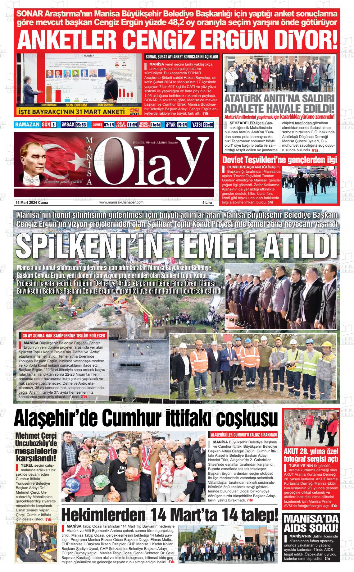 15 Mart 2024 Manisa Olay Gazete Manşeti