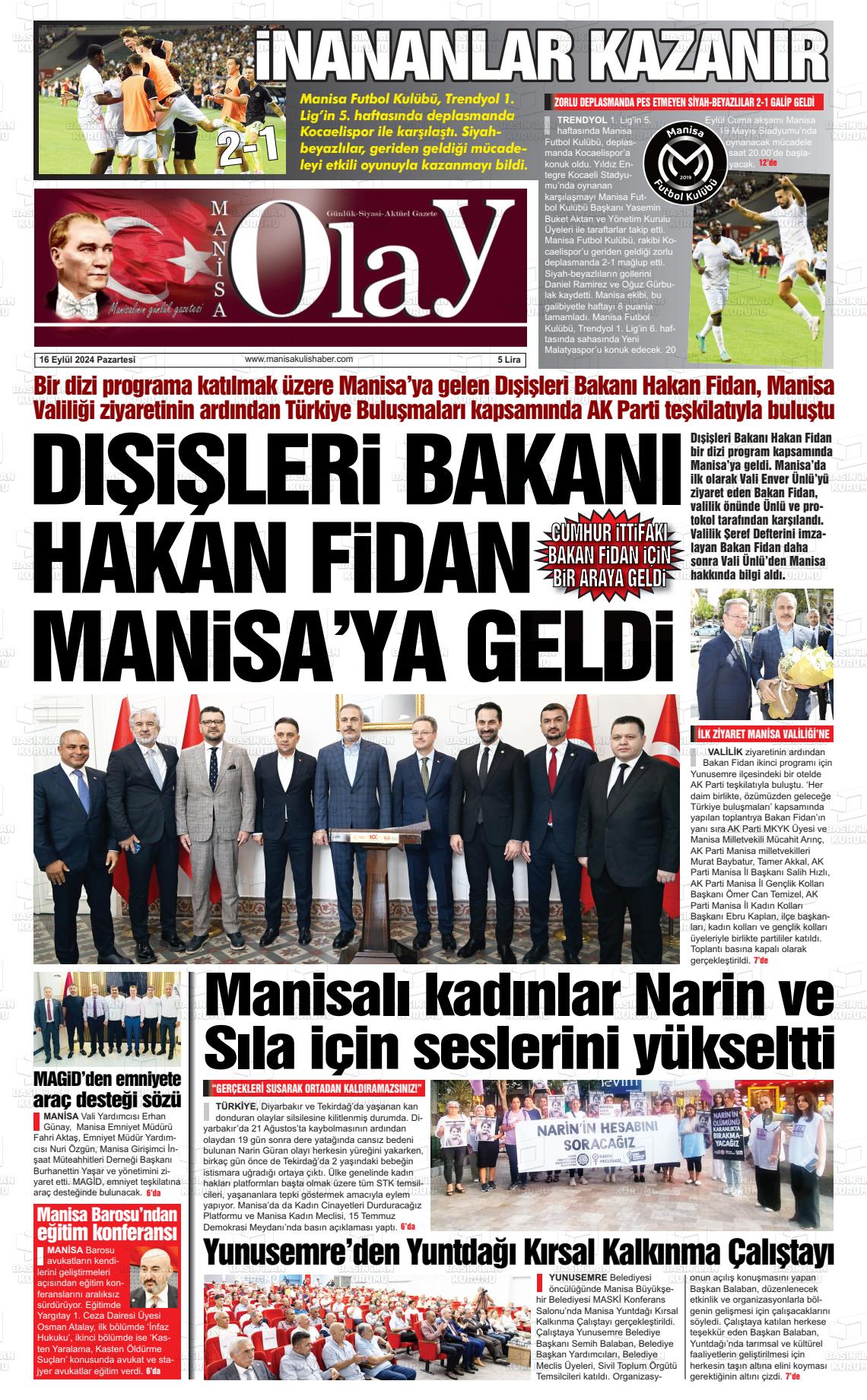 16 Eylül 2024 Manisa Olay Gazete Manşeti