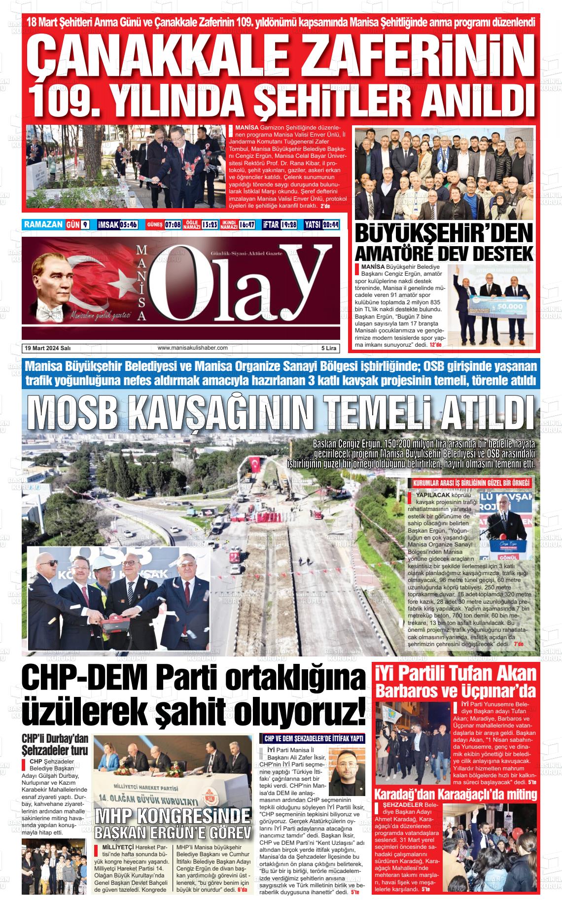 19 Mart 2024 Manisa Olay Gazete Manşeti