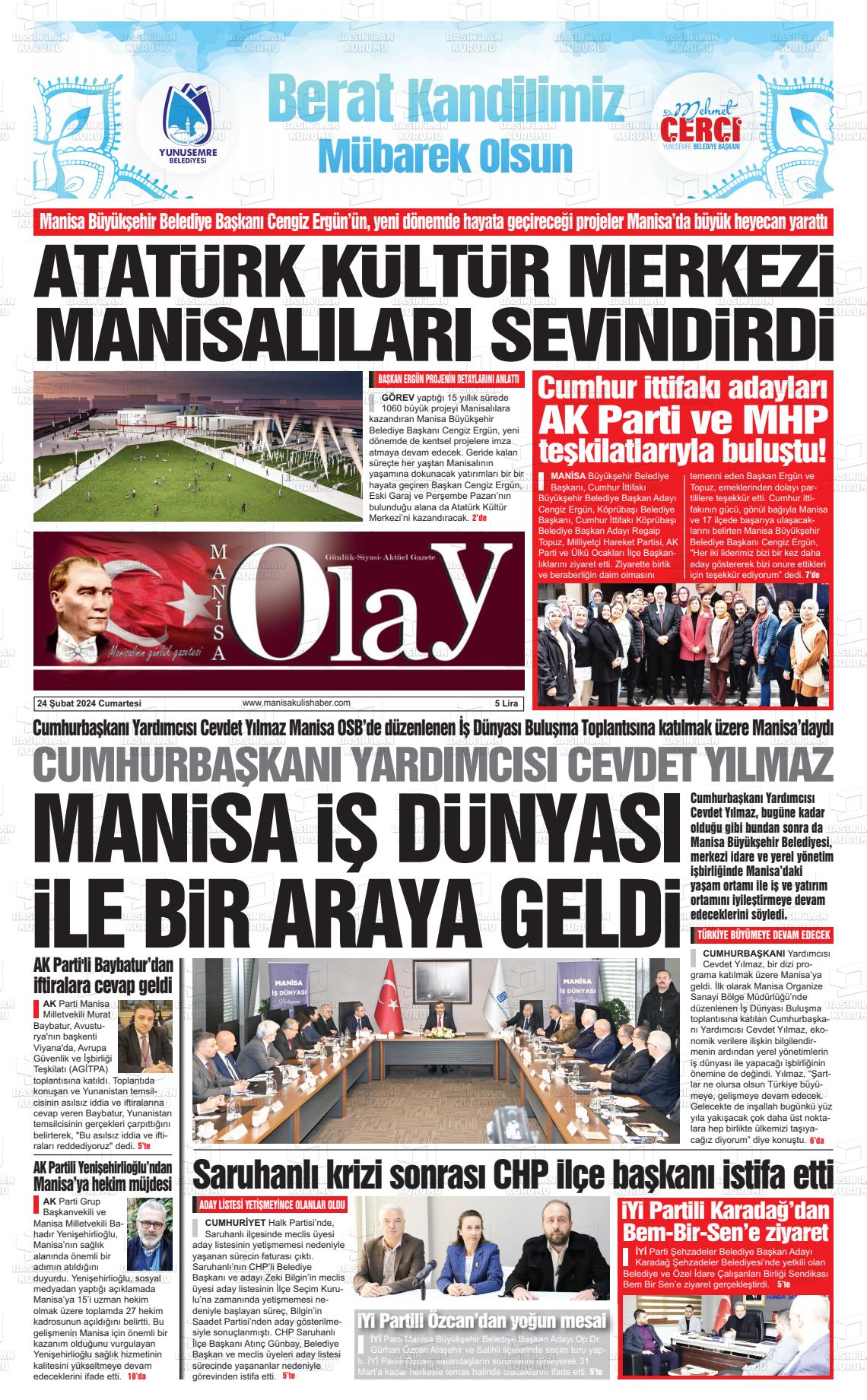 24 Şubat 2024 Manisa Olay Gazete Manşeti