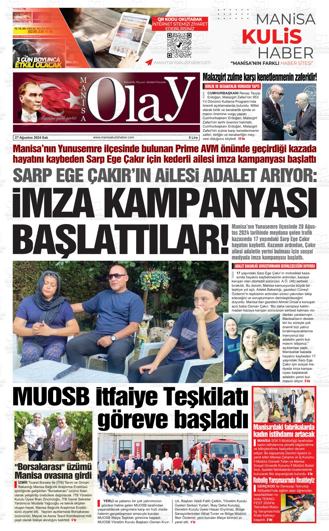 27 Ağustos 2024 Manisa Olay Gazete Manşeti