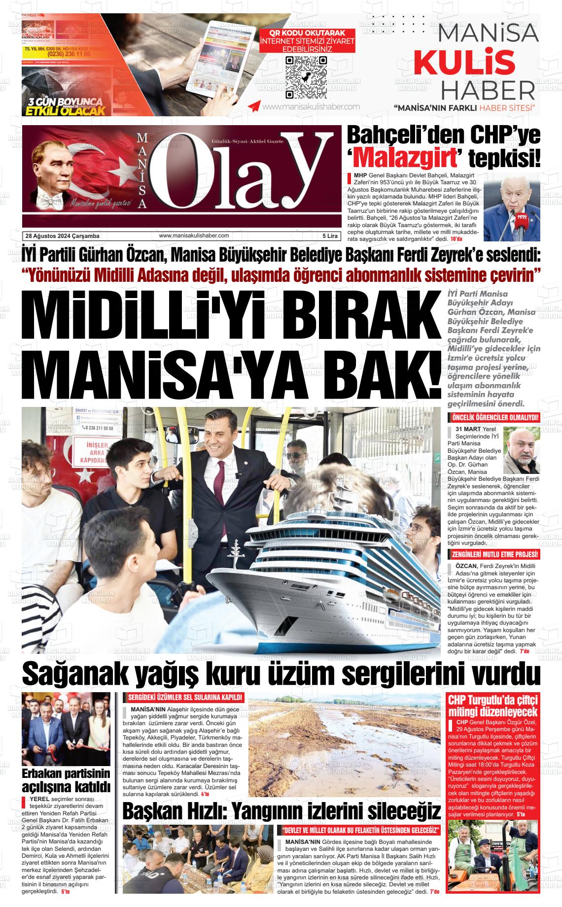 28 Ağustos 2024 Manisa Olay Gazete Manşeti