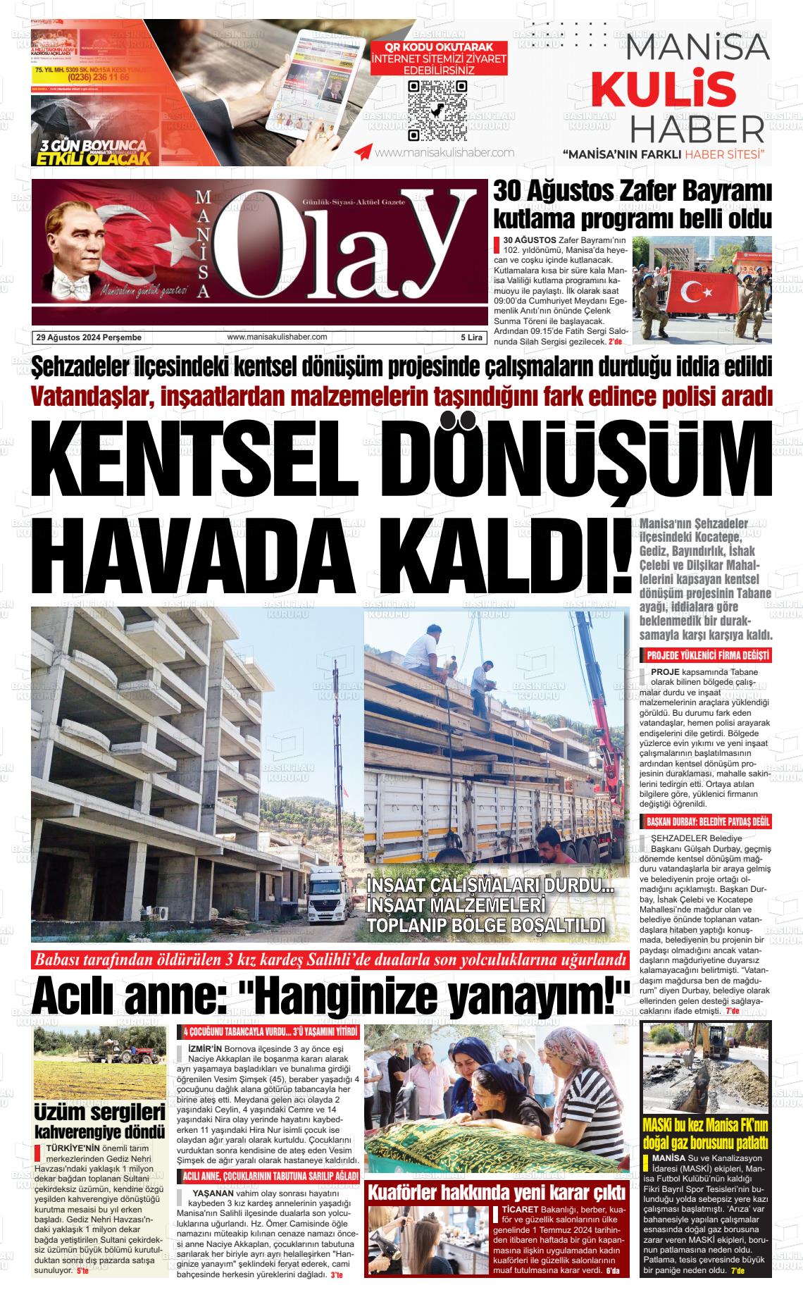 29 Ağustos 2024 Manisa Olay Gazete Manşeti