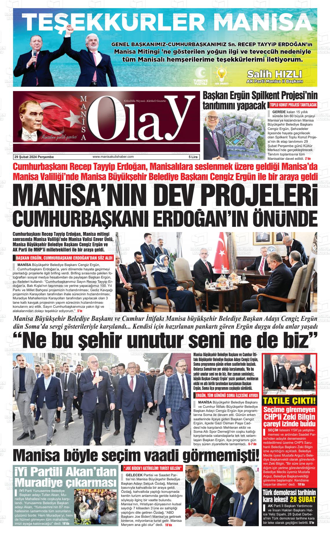 29 Şubat 2024 Manisa Olay Gazete Manşeti