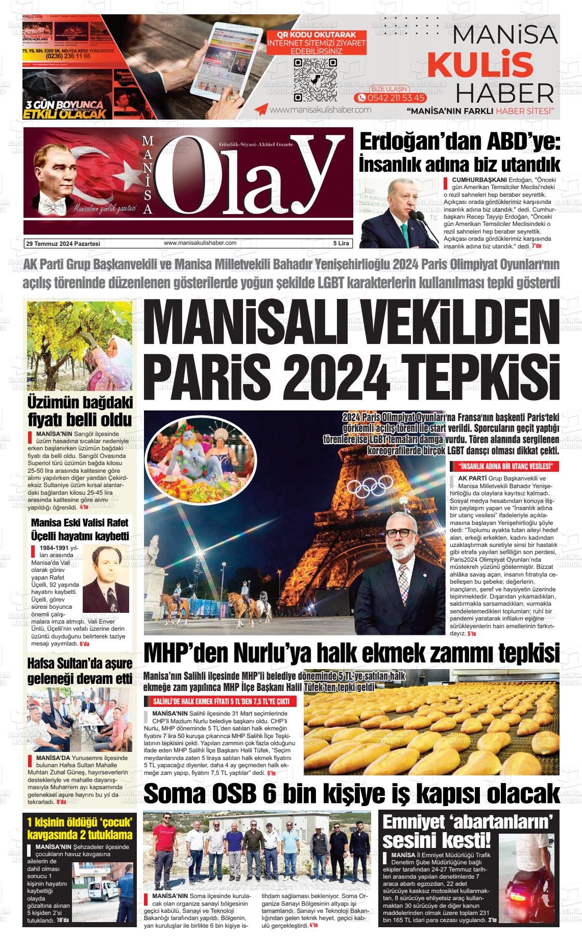 29 Temmuz 2024 Manisa Olay Gazete Manşeti