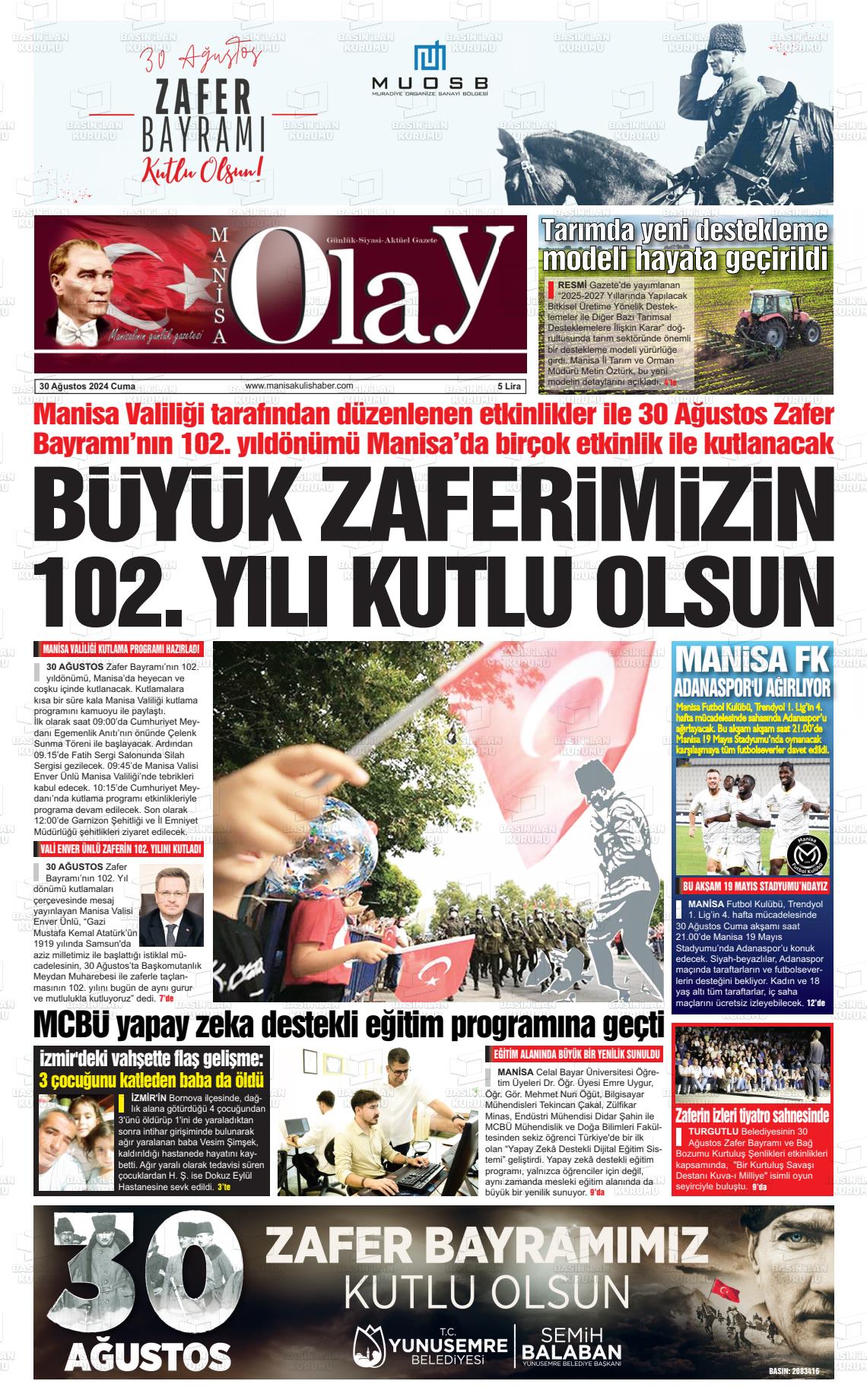 30 Ağustos 2024 Manisa Olay Gazete Manşeti