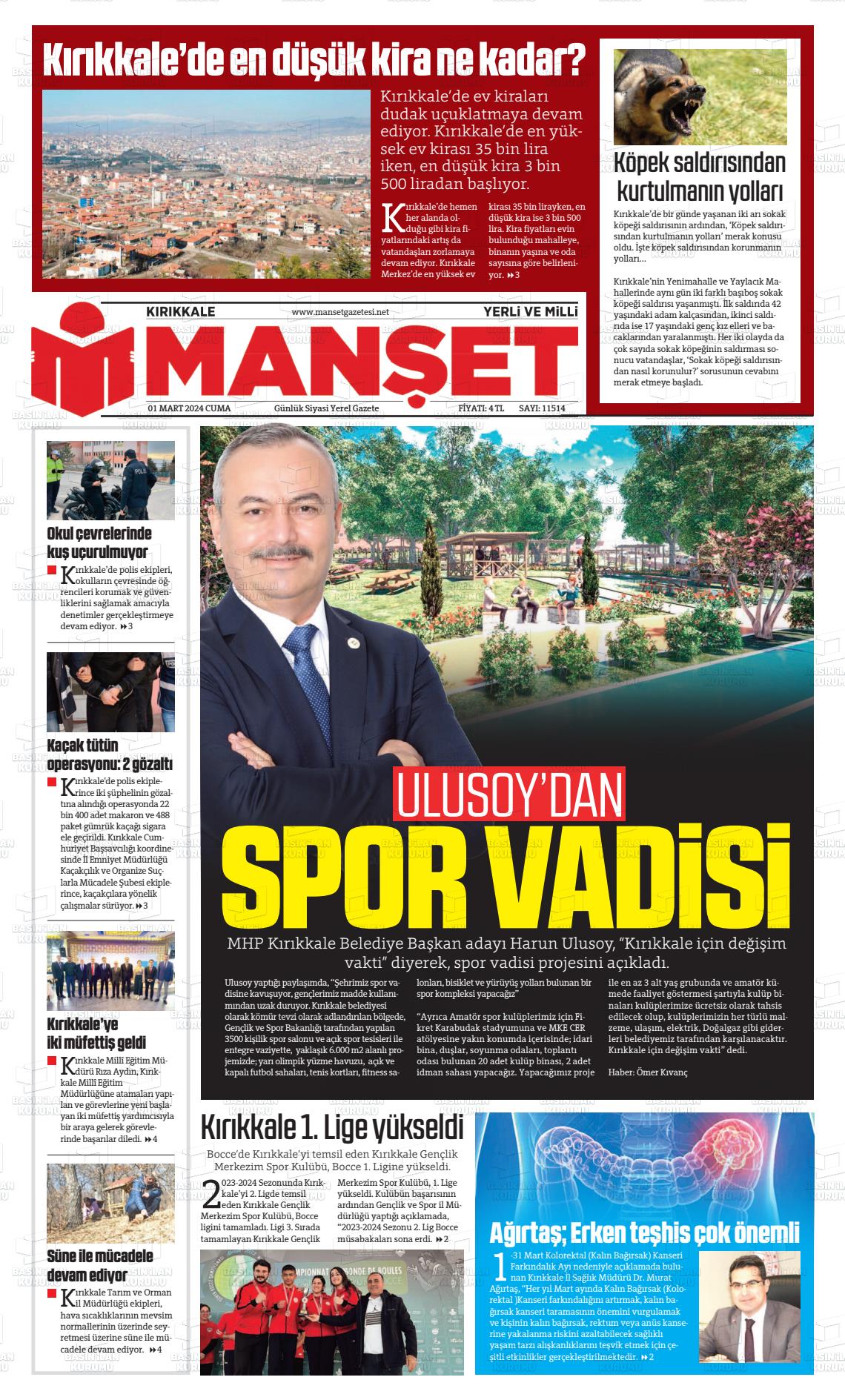 01 Mart 2024 Kırıkkale Manşet Gazete Manşeti