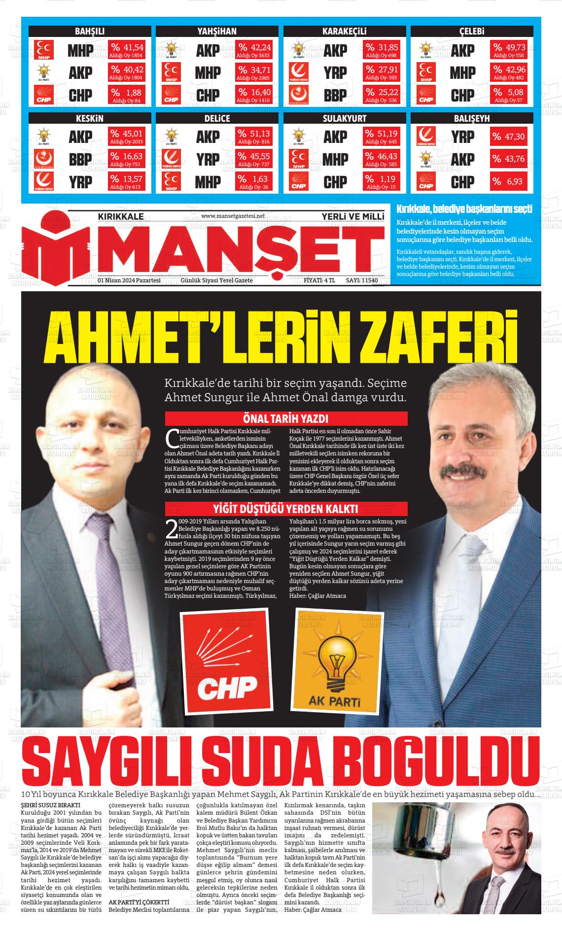 01 Nisan 2024 Kırıkkale Manşet Gazete Manşeti