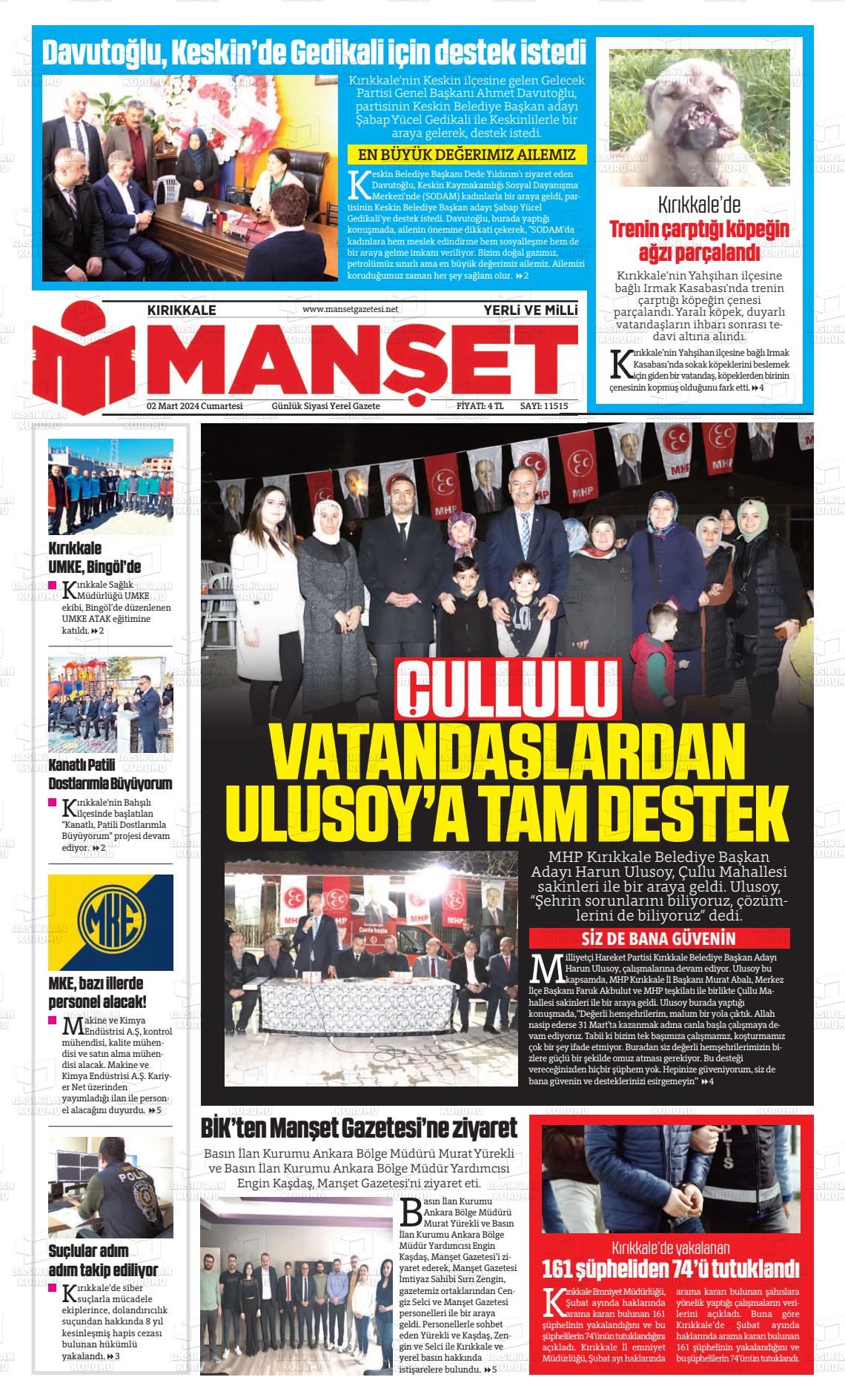 02 Mart 2024 Kırıkkale Manşet Gazete Manşeti