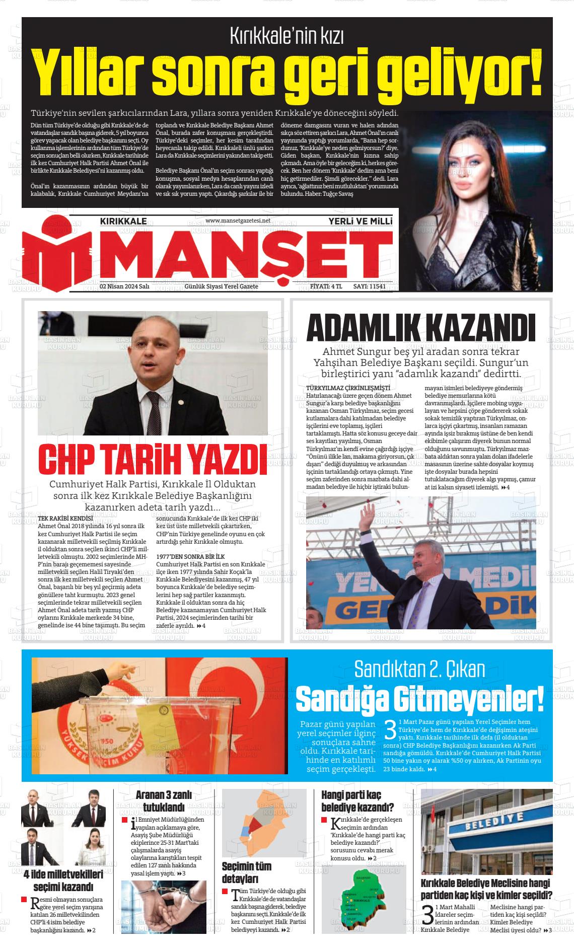 02 Nisan 2024 Kırıkkale Manşet Gazete Manşeti