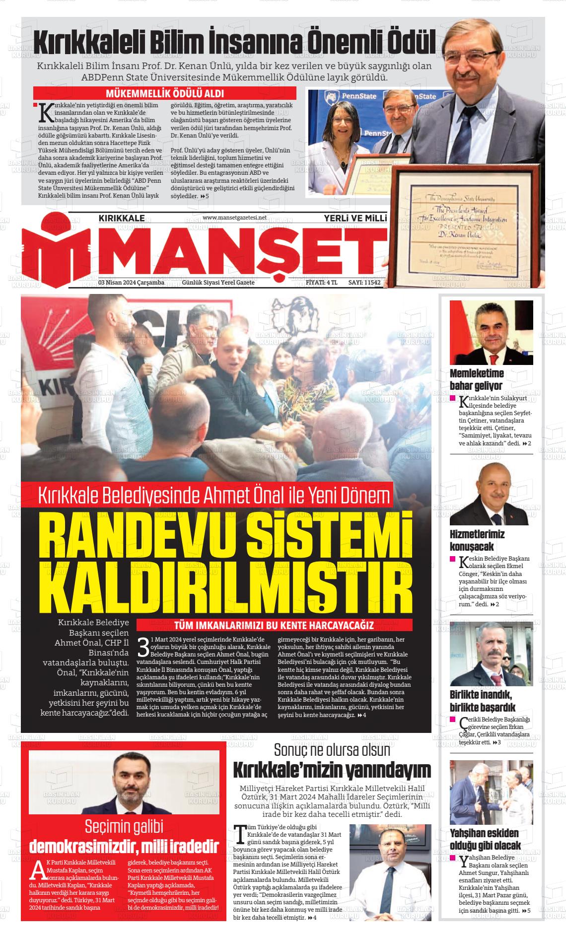 03 Nisan 2024 Kırıkkale Manşet Gazete Manşeti