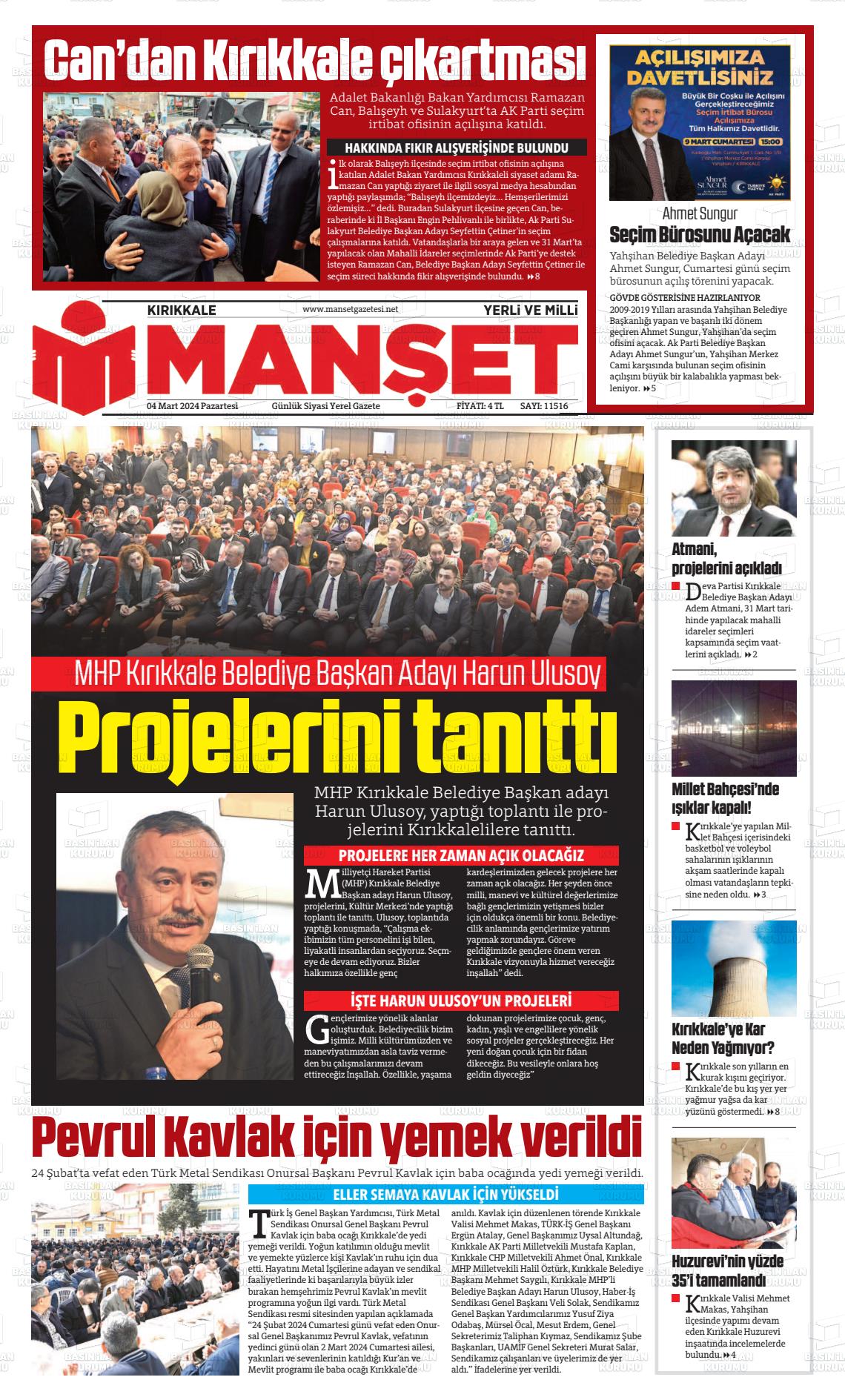 04 Mart 2024 Kırıkkale Manşet Gazete Manşeti