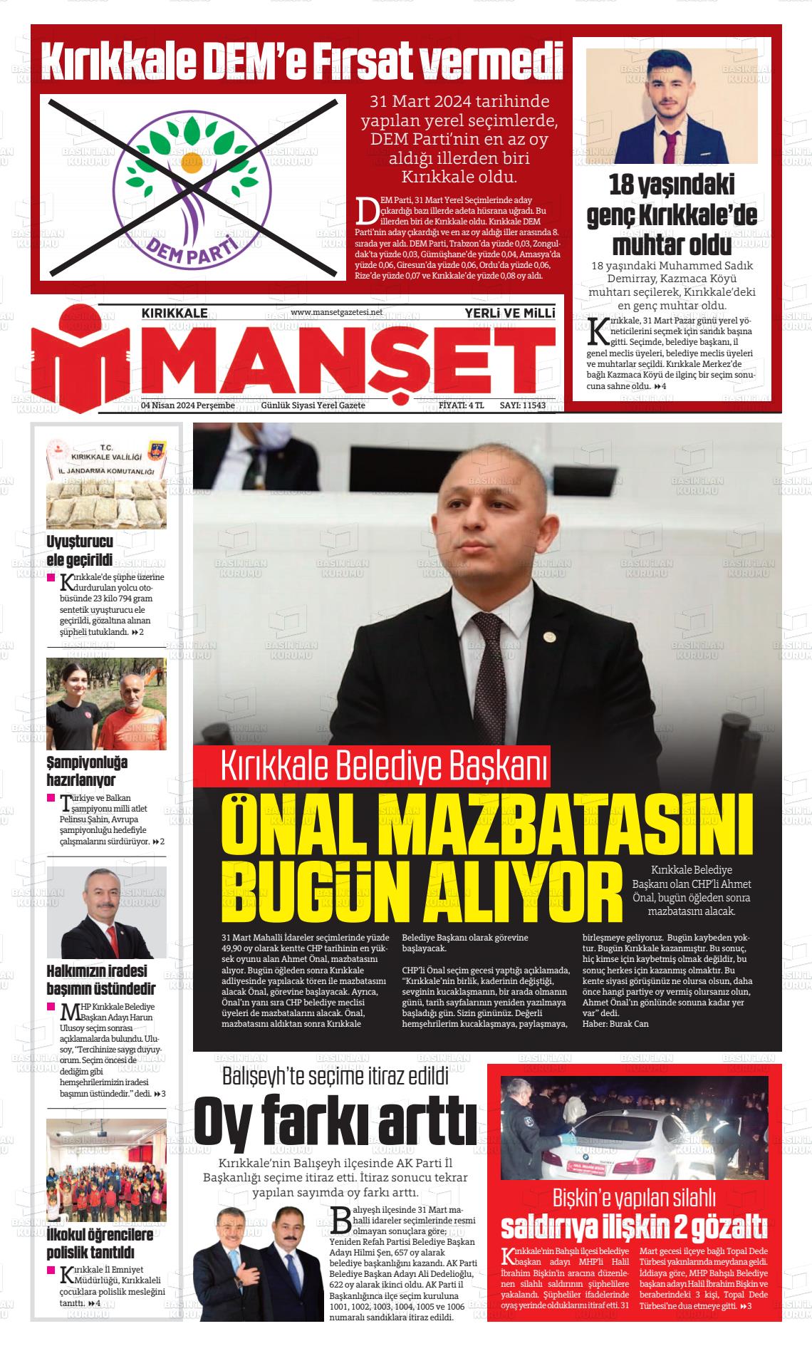 04 Nisan 2024 Kırıkkale Manşet Gazete Manşeti