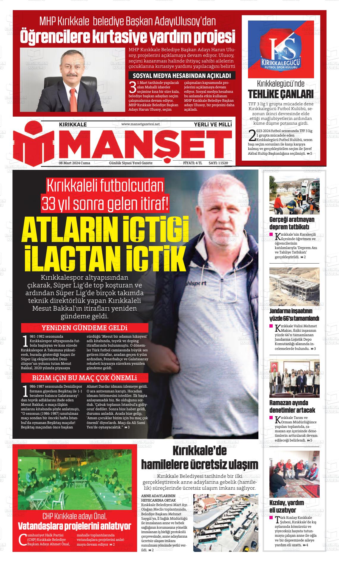 08 Mart 2024 Kırıkkale Manşet Gazete Manşeti