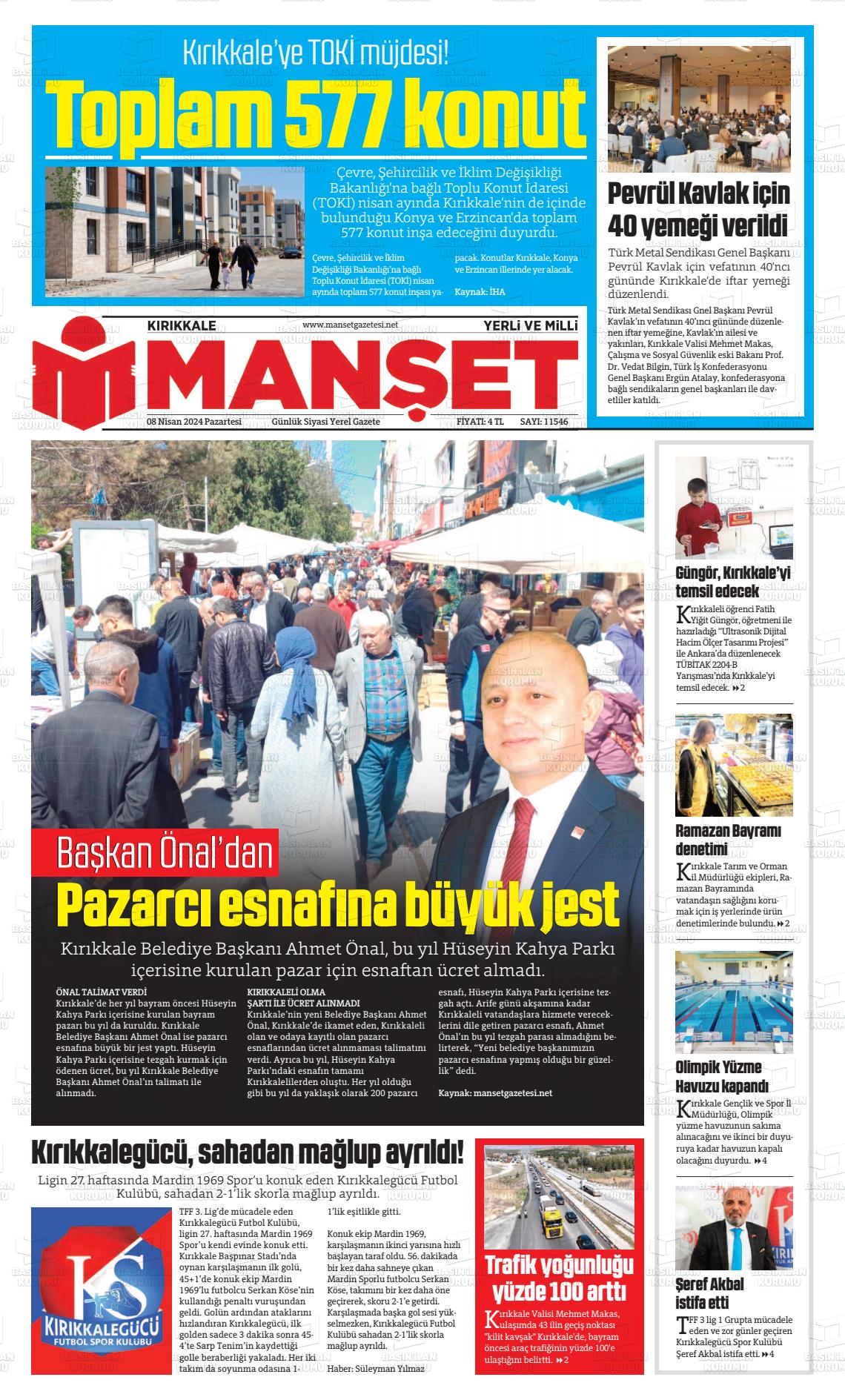 08 Nisan 2024 Kırıkkale Manşet Gazete Manşeti