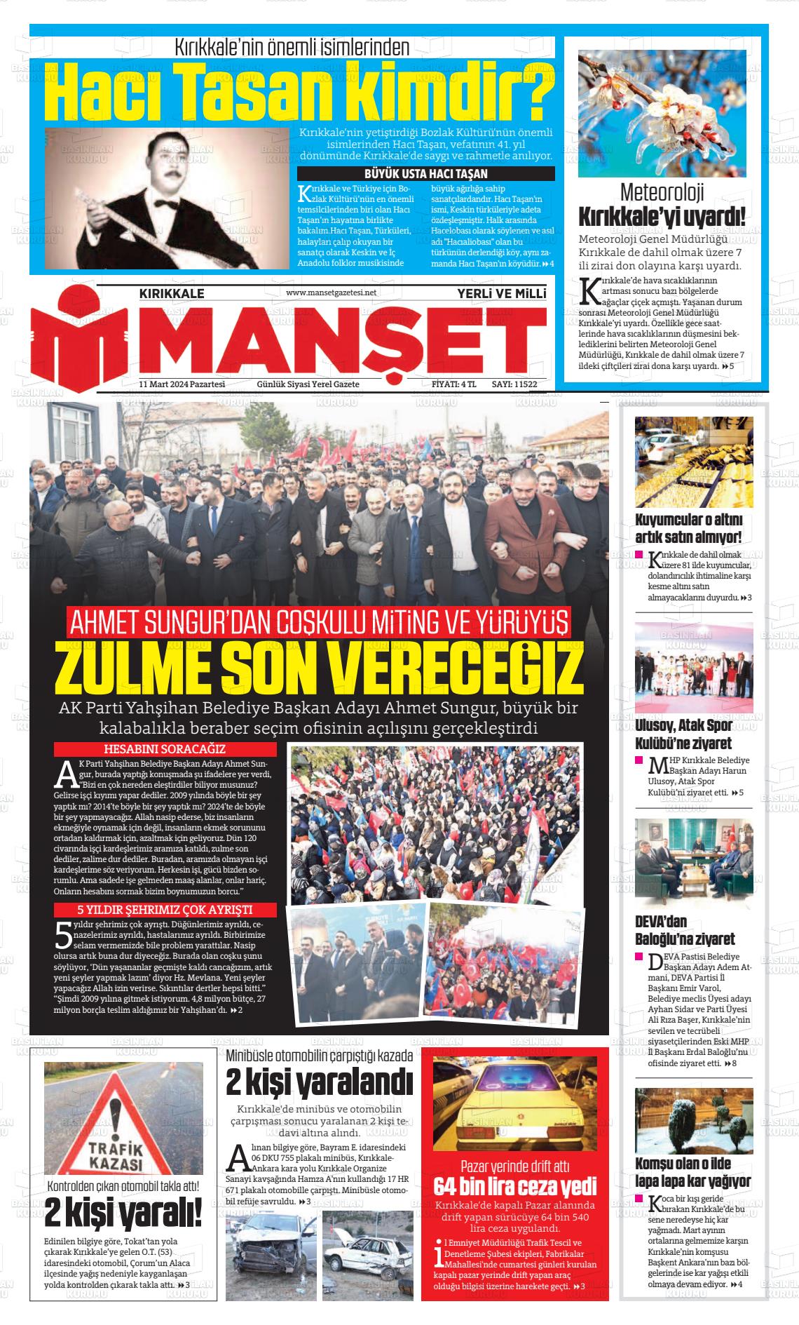 11 Mart 2024 Kırıkkale Manşet Gazete Manşeti