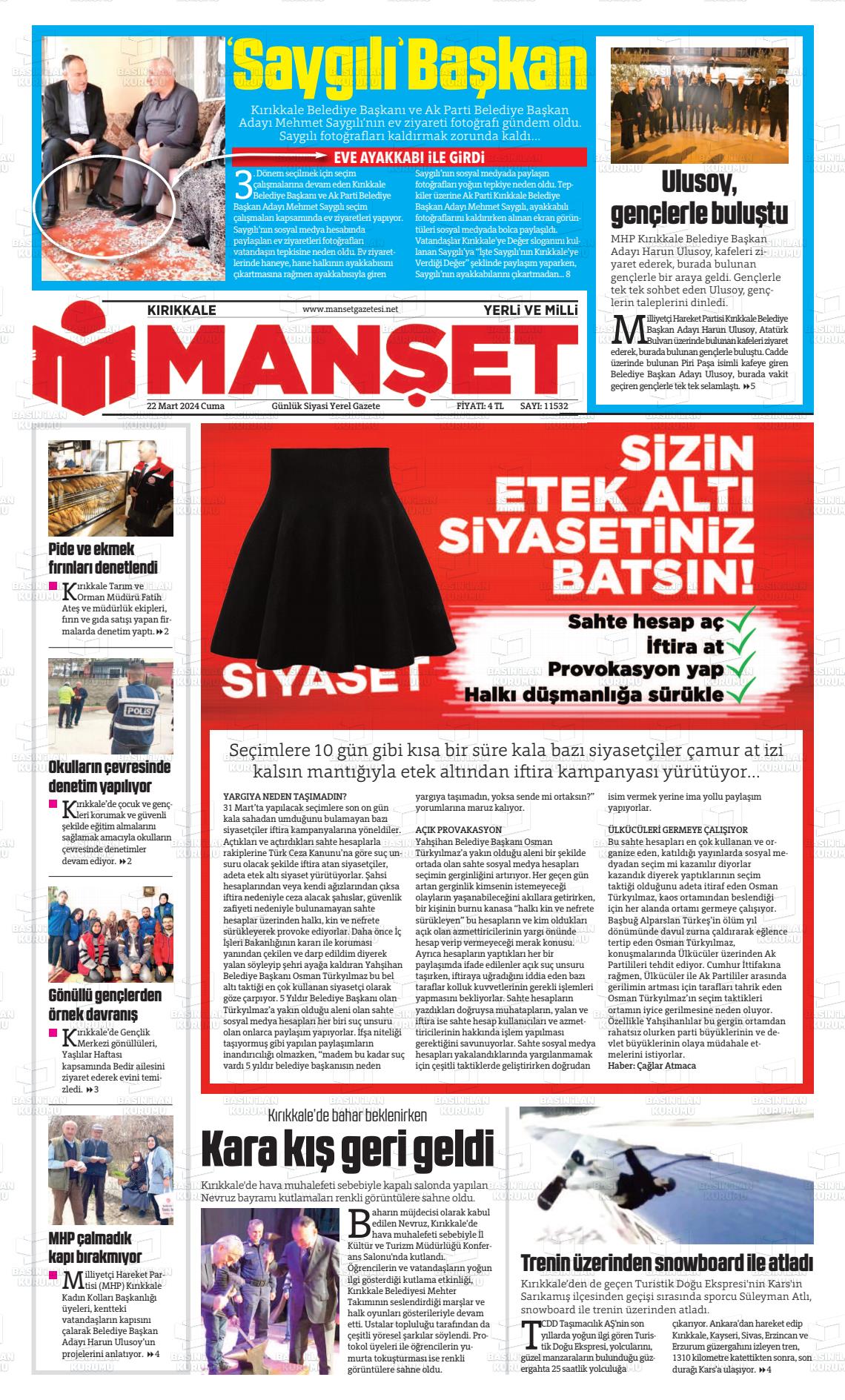 22 Mart 2024 Kırıkkale Manşet Gazete Manşeti