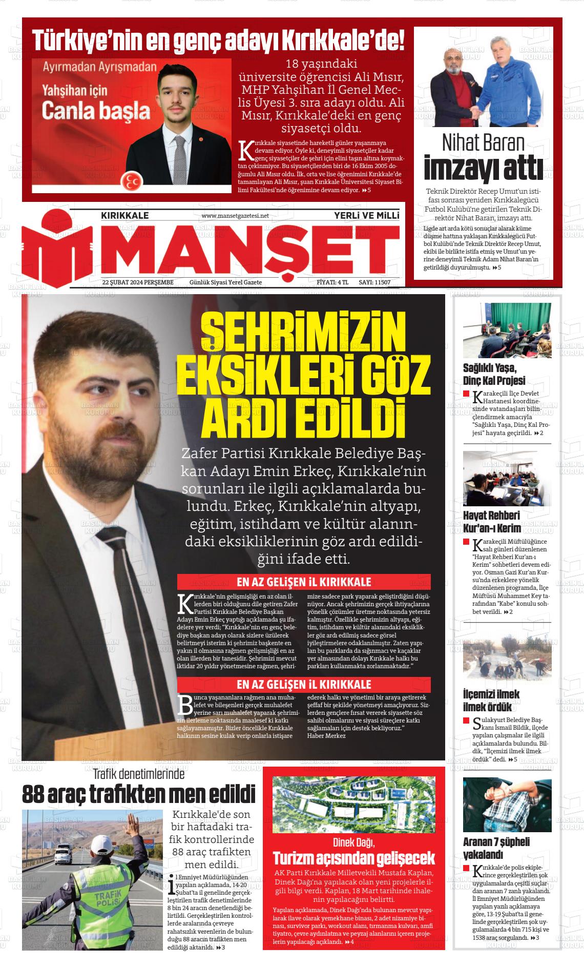 22 Şubat 2024 Kırıkkale Manşet Gazete Manşeti