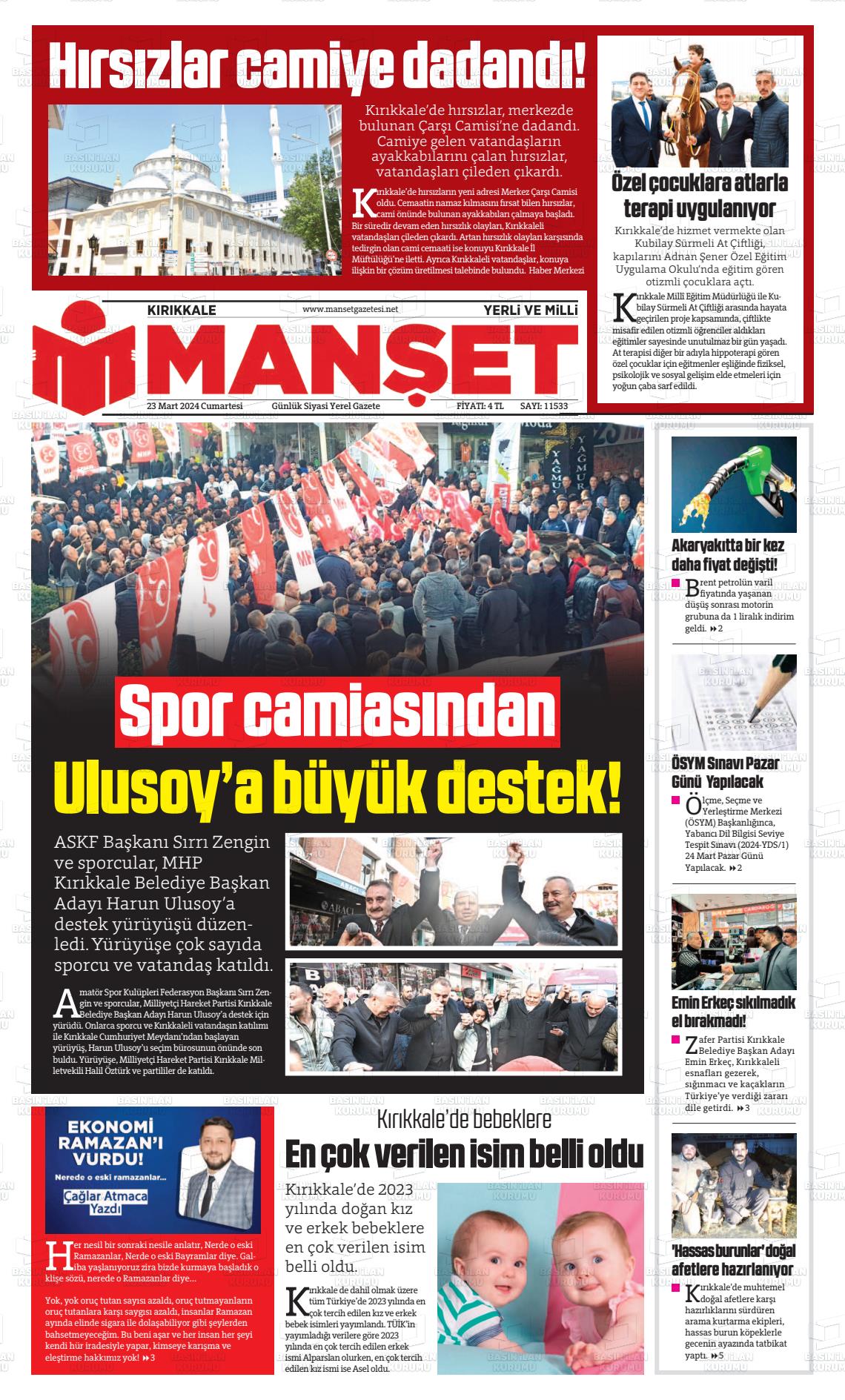 23 Mart 2024 Kırıkkale Manşet Gazete Manşeti