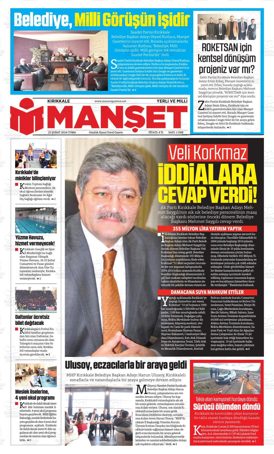 23 Şubat 2024 Kırıkkale Manşet Gazete Manşeti