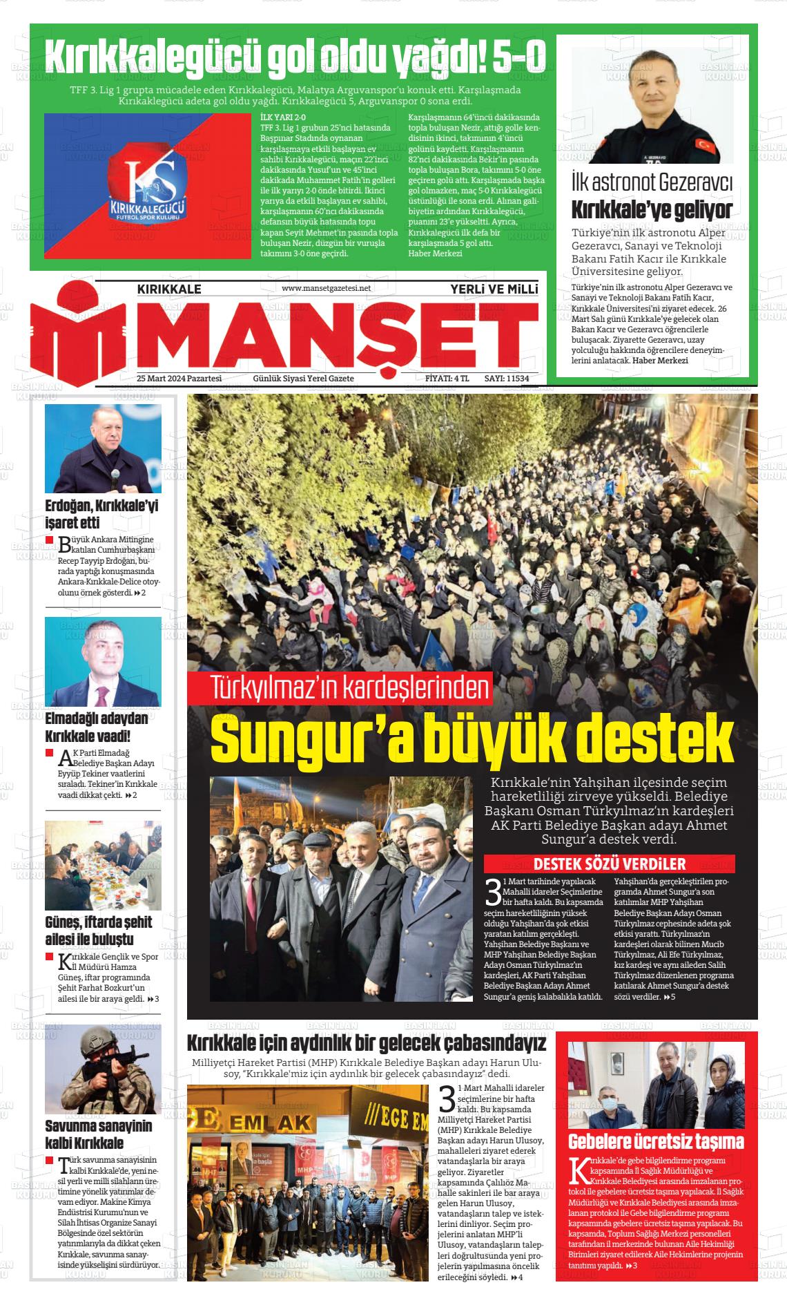 25 Mart 2024 Kırıkkale Manşet Gazete Manşeti