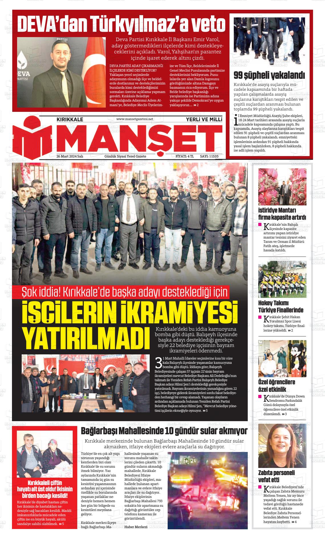 26 Mart 2024 Kırıkkale Manşet Gazete Manşeti