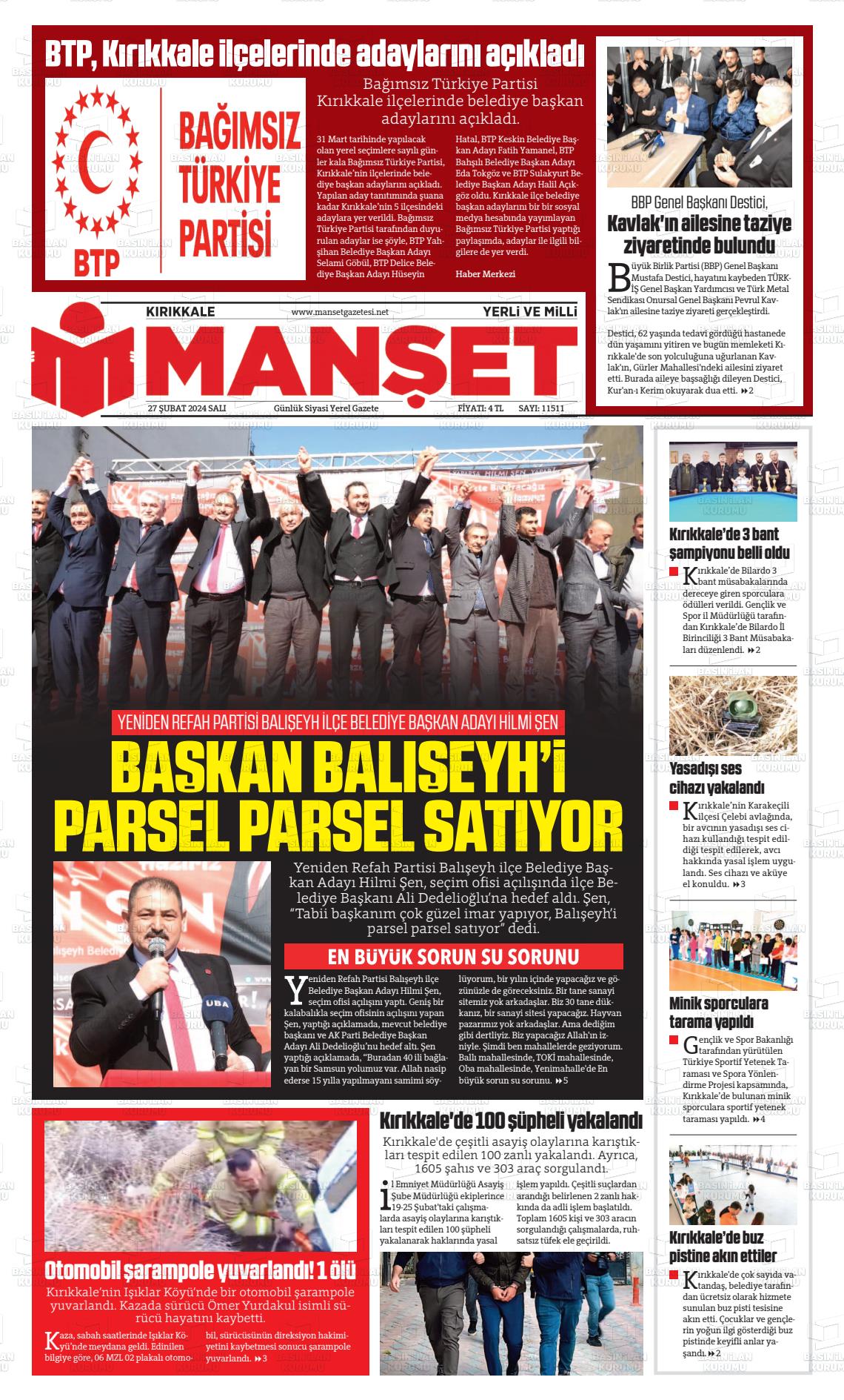 27 Şubat 2024 Kırıkkale Manşet Gazete Manşeti