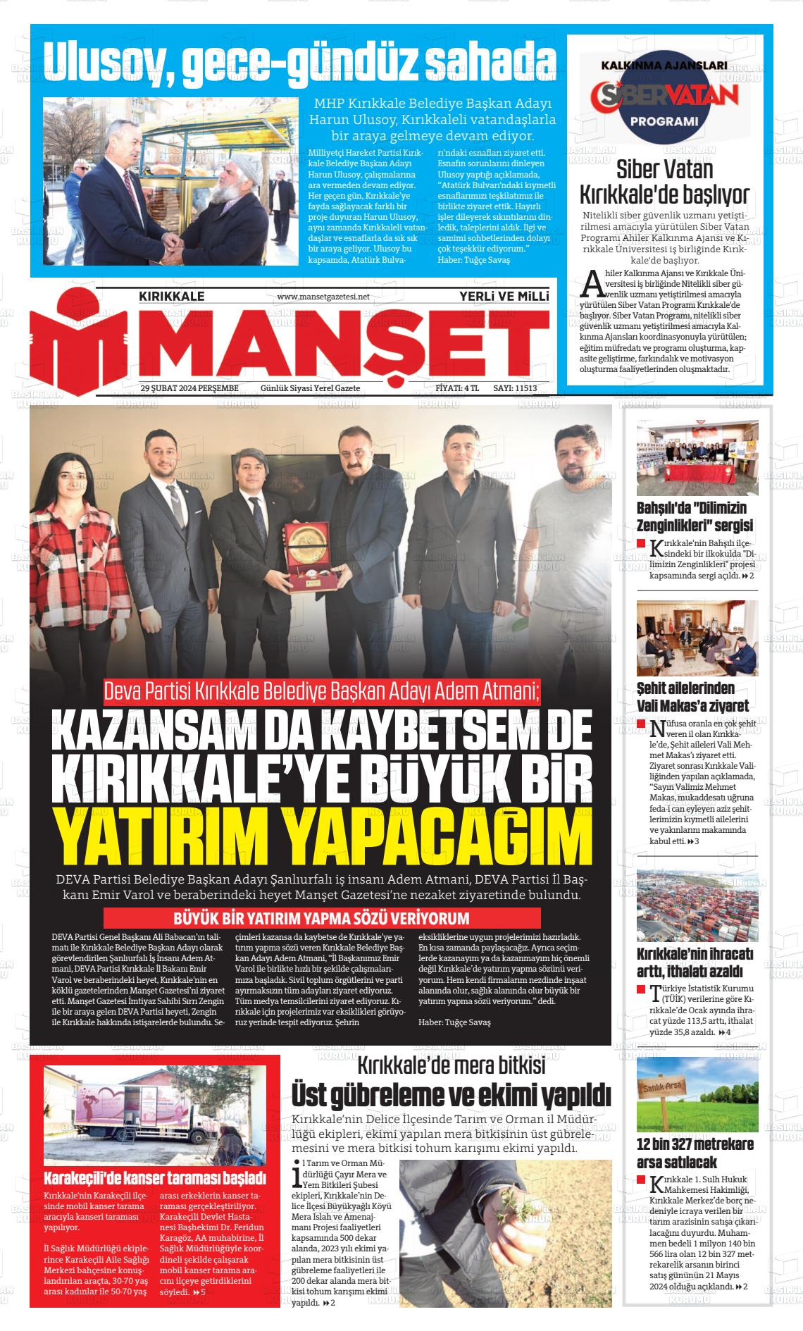 29 Şubat 2024 Kırıkkale Manşet Gazete Manşeti