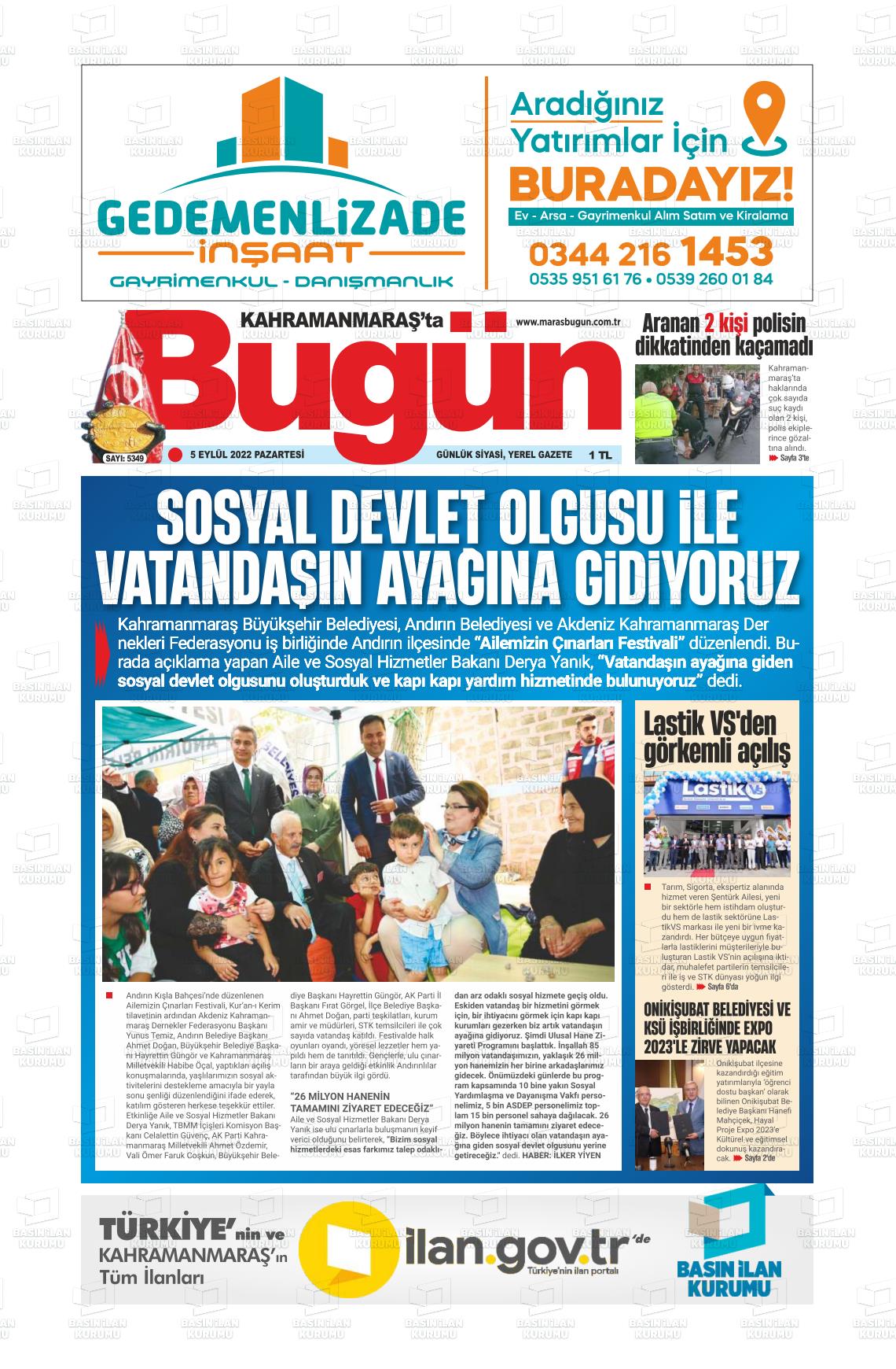 05 Eylül 2022 Maraş Bugün Gazete Manşeti