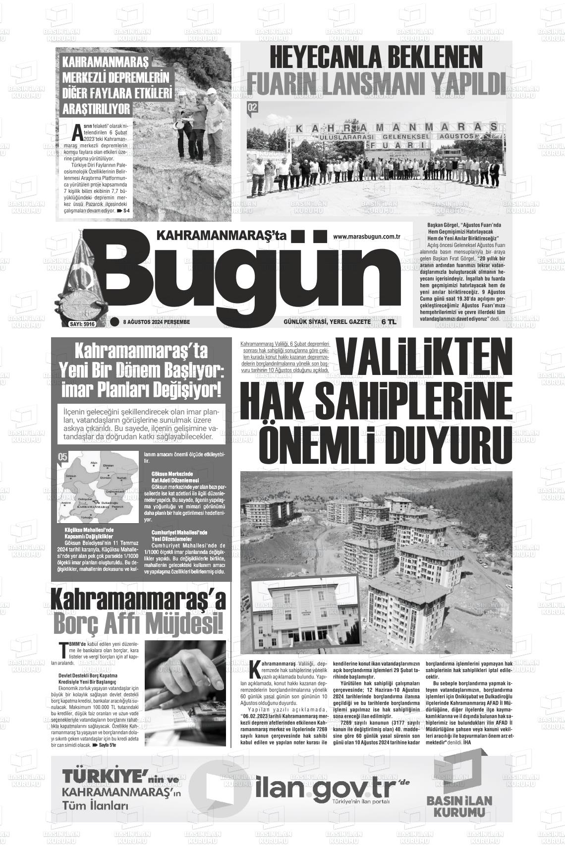 08 Ağustos 2024 Maraş Bugün Gazete Manşeti