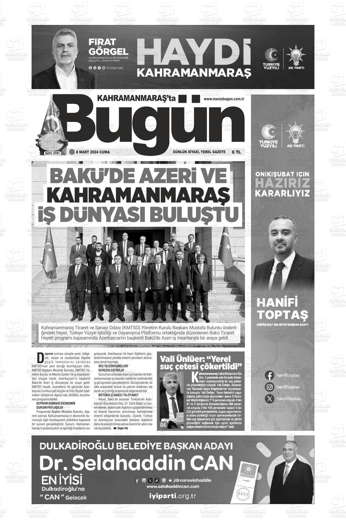 08 Mart 2024 Maraş Bugün Gazete Manşeti