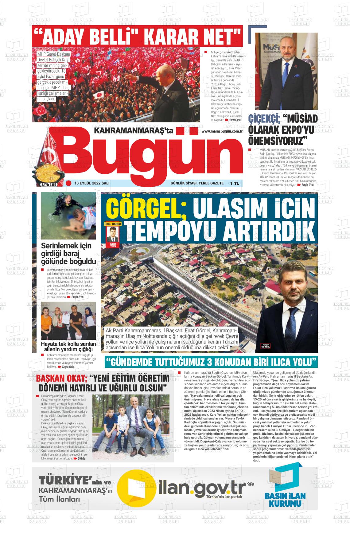 13 Eylül 2022 Maraş Bugün Gazete Manşeti