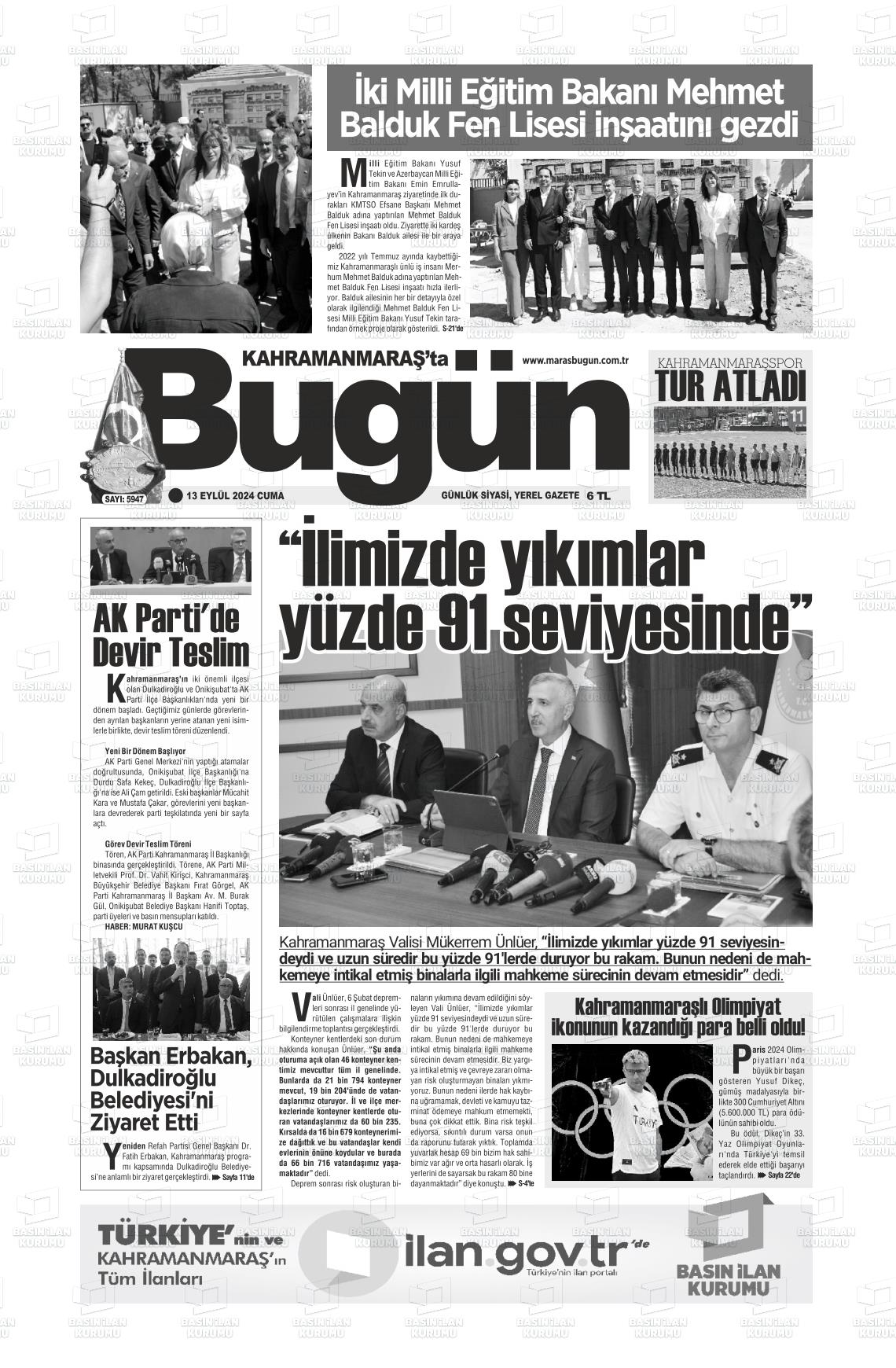 13 Eylül 2024 Maraş Bugün Gazete Manşeti