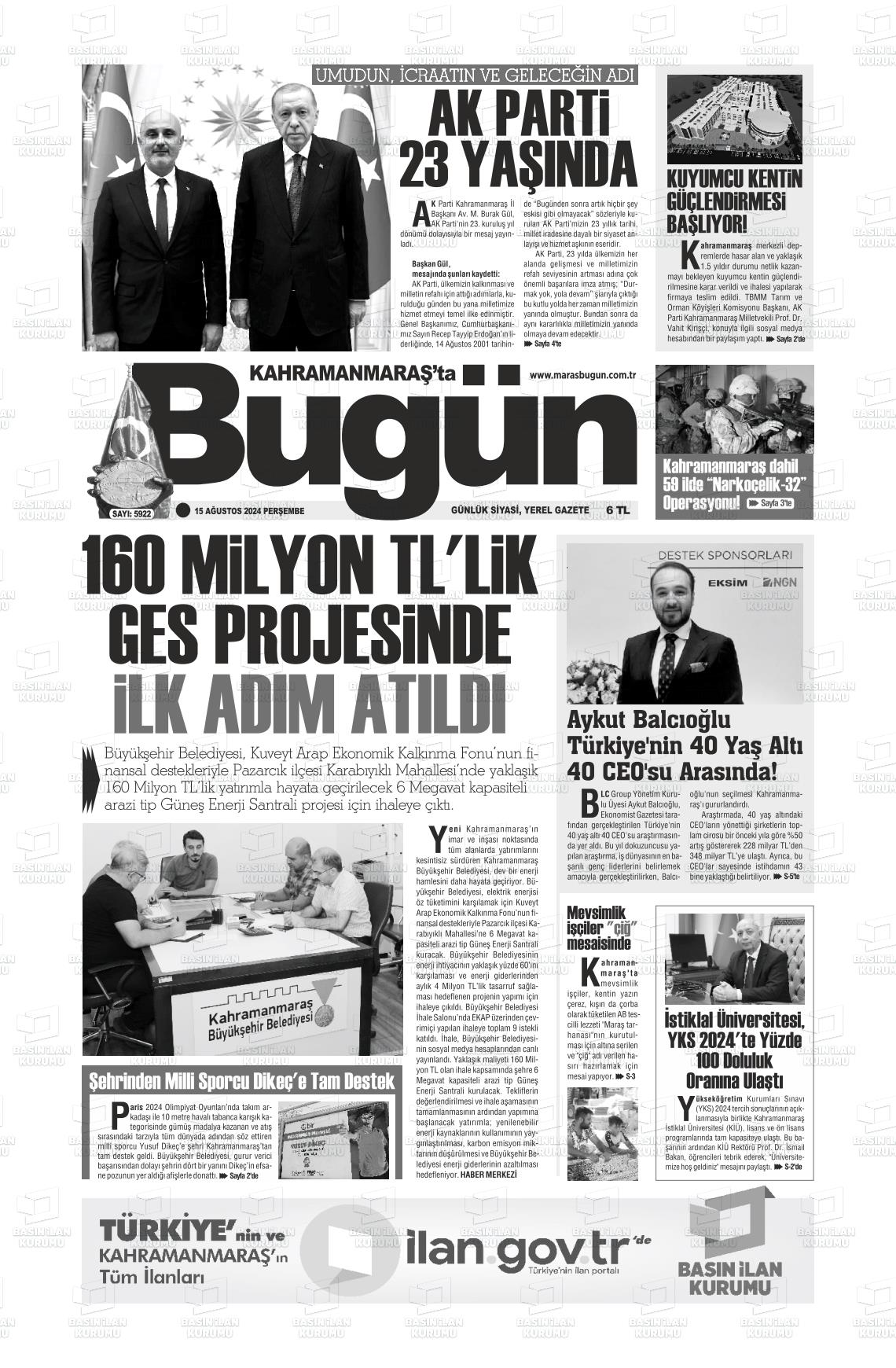 15 Ağustos 2024 Maraş Bugün Gazete Manşeti