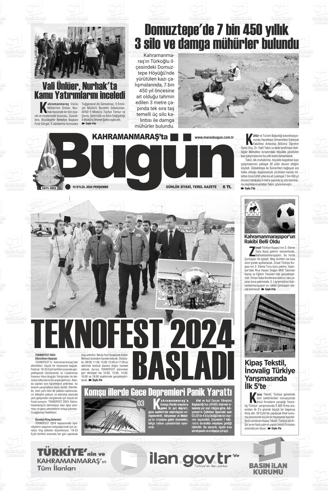 19 Eylül 2024 Maraş Bugün Gazete Manşeti