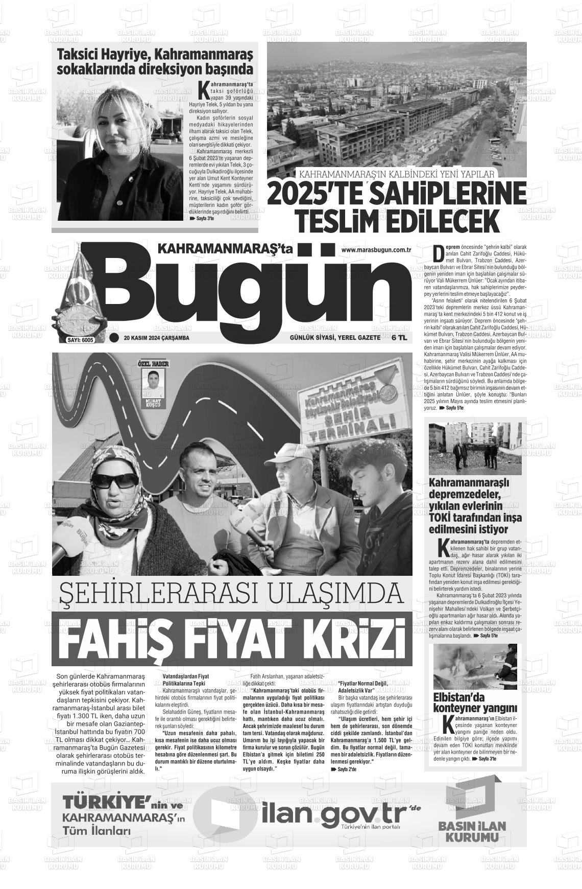 20 Kasım 2024 Maraş Bugün Gazete Manşeti